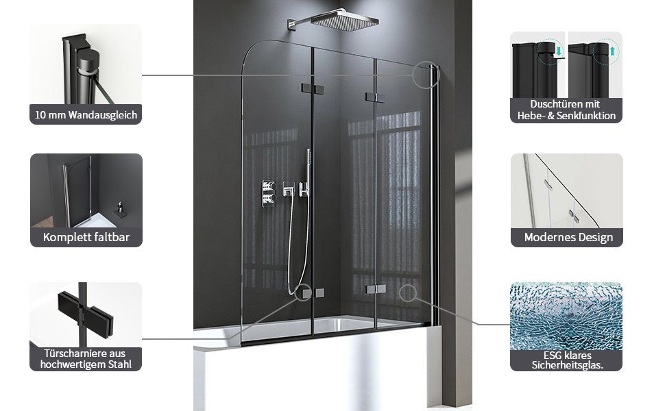 Boromal Badewannenaufsatz Schwarz 3 teilig faltbar Duschwand für Badewanne beideseitig Nano ESG, Alu-Wandprofil, 120x140cm, 130x140cm, (Badewannenfaltwand, 130x140cm,120x140cm), mit Hebe-/Senkfunktion, Rechts-und Links montierbar