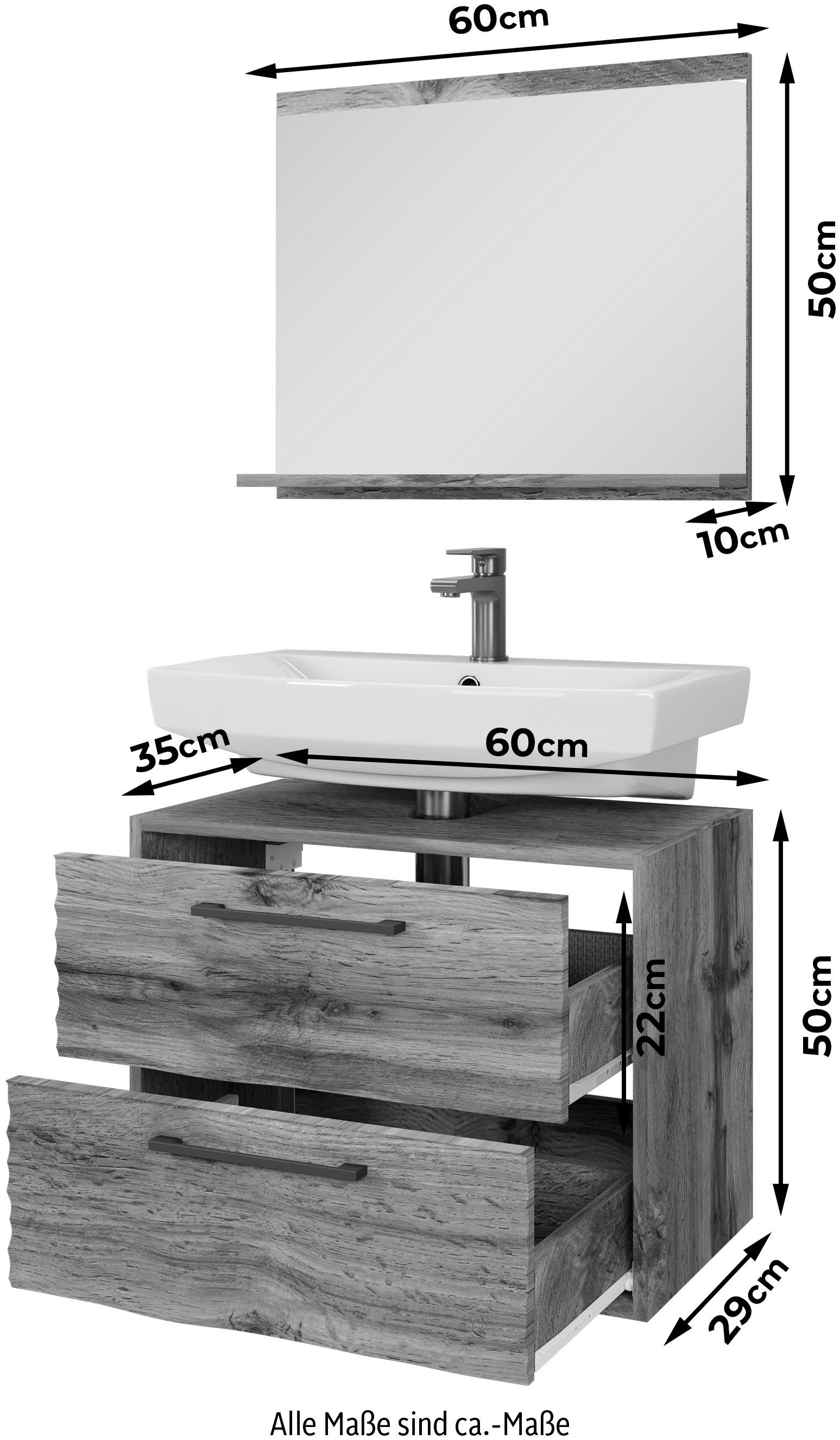 welltime Badmöbel-Set Canada, (Komplett-Set, 2-St., Fronten mit Wellenstruktur), Badmöbel mit Soft-Close-Funktion, Waschbeckenunterschrank und Spiegel
