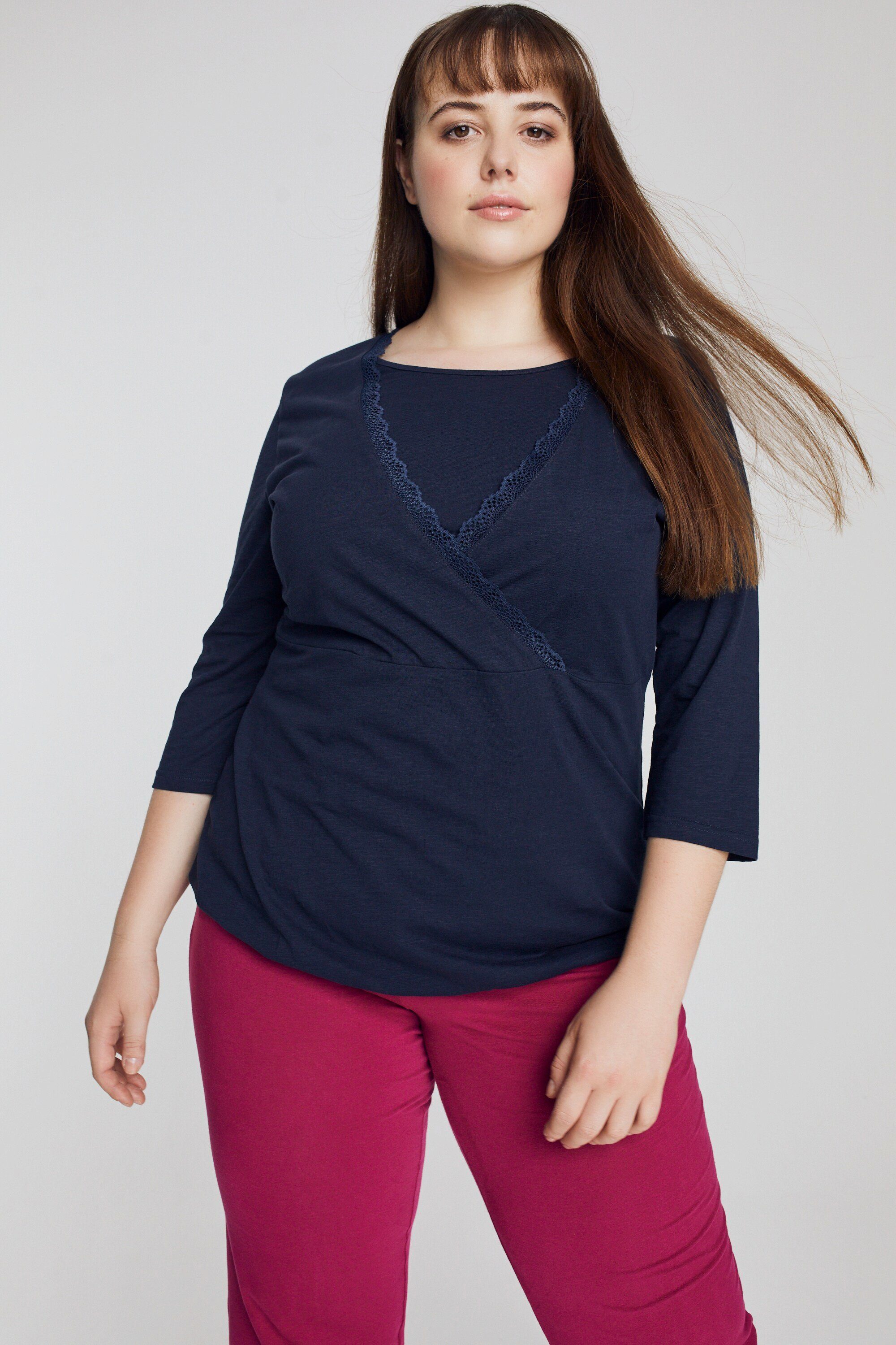 Ulla Popken Umstandsshirt Bellieva-Shirt Spitze V-Ausschnitt Biobaumwolle