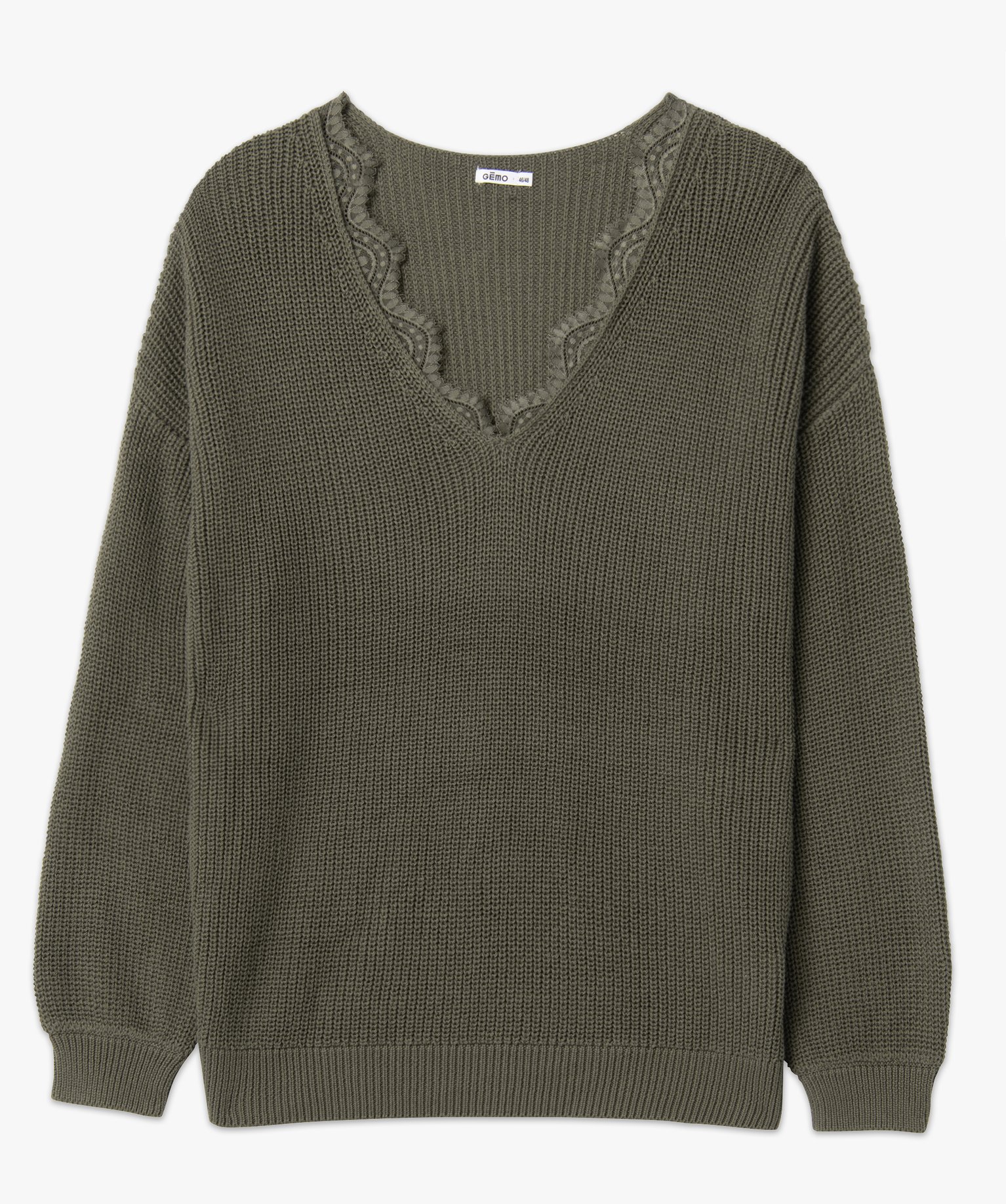 Pull femme grande taille avec décolleté V en dentelle kaki | GEMO
