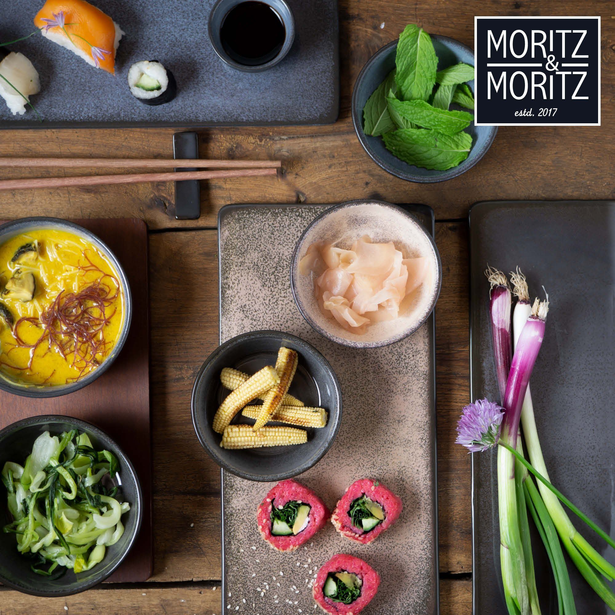 Moritz & Moritz Dipschale 6tlg Dip Schalen Set mit Brett, Porzellan, Sandelholz, (Set, 6-tlg, 6-tlg), 10cm Ø für Snacks, Dessert, Dips und Saucen