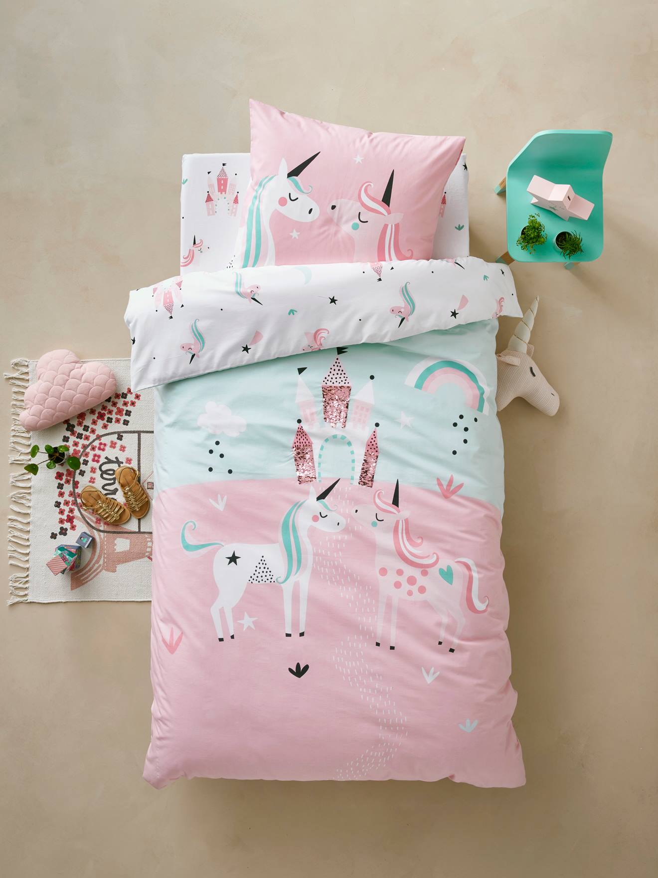 Drap-housse fille LICORNES MAGIQUES blanc imprimé