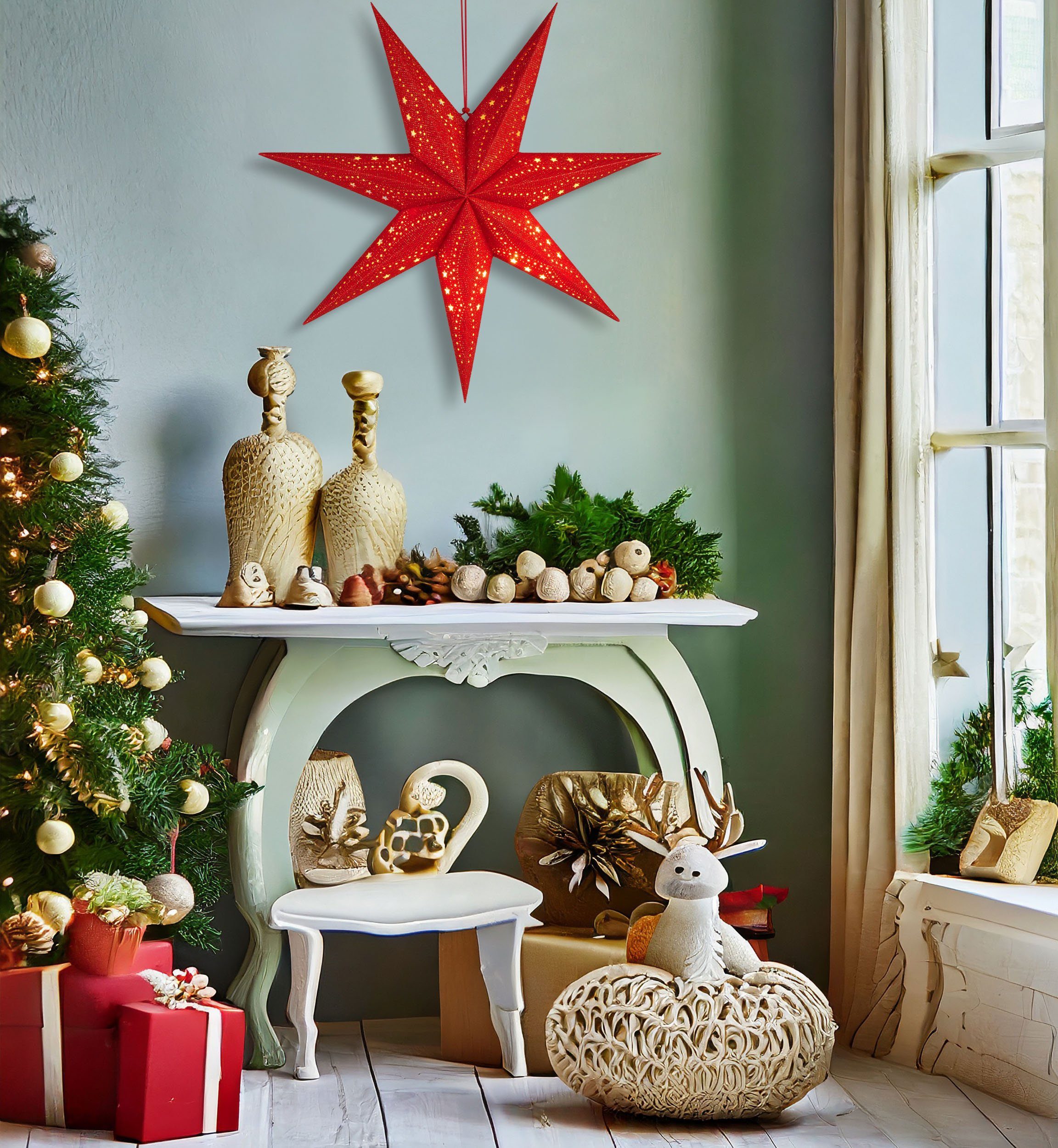 BRUBAKER Dekostern 3D Weihnachtsstern zum Aufhängen - Fenster Papierstern mit E14 Fassung, 1 St., 60 cm Deko Adventsstern - Weihnachten Leuchtstern mit 3,5 m Kabel