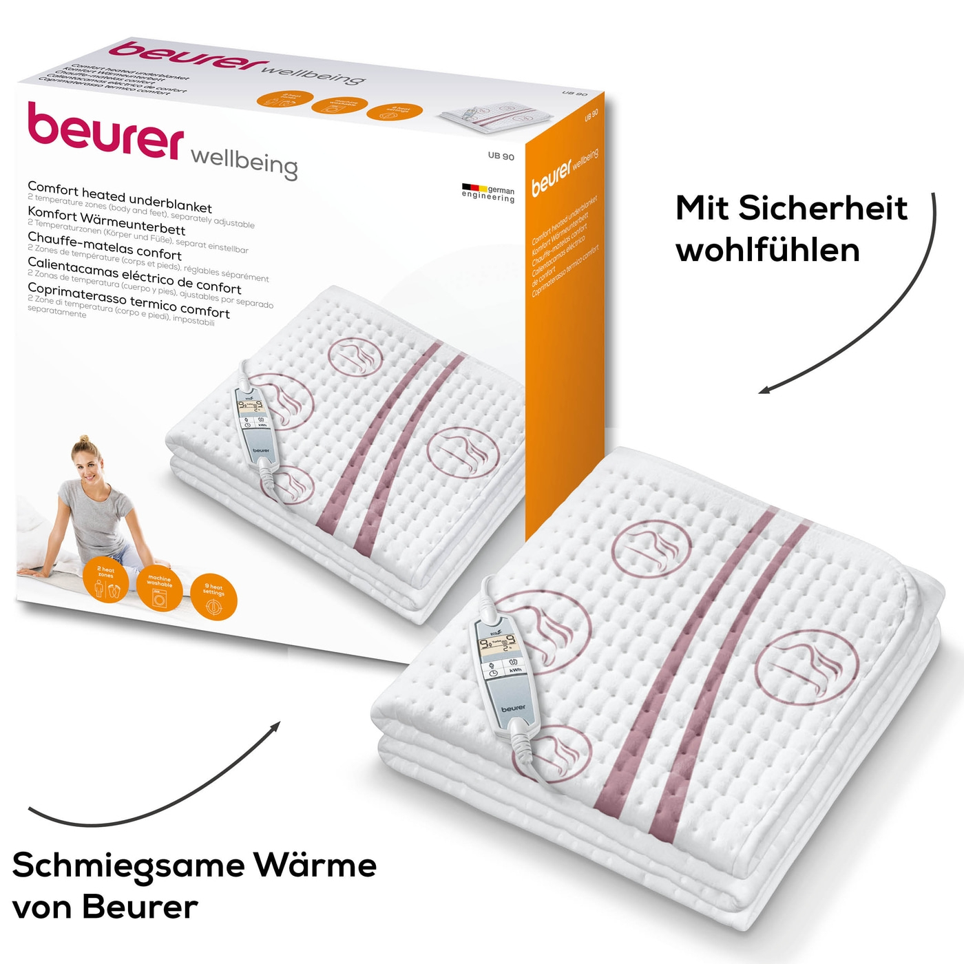 Beurer Komfort-Wärmeunterbett UB 90-Atmungsaktives Wärmeunterbett mit 2 Wärmezonen & 9 Temperaturstufen - 150 x 80 cm