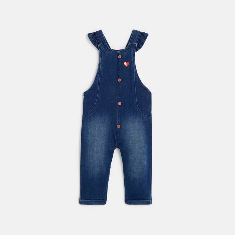 Salopette denim bleue et sweat rayé bébé fille