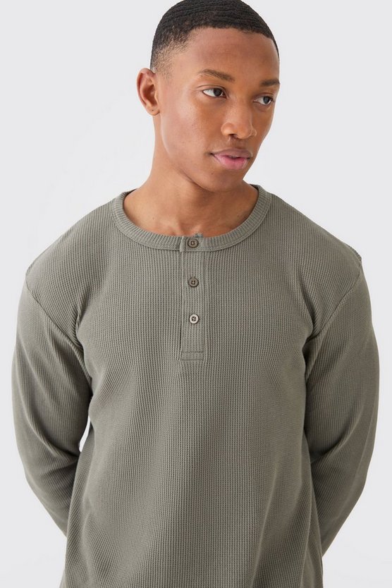 Waffle Lounge Long Sleeve Top & Short Set In Khaki