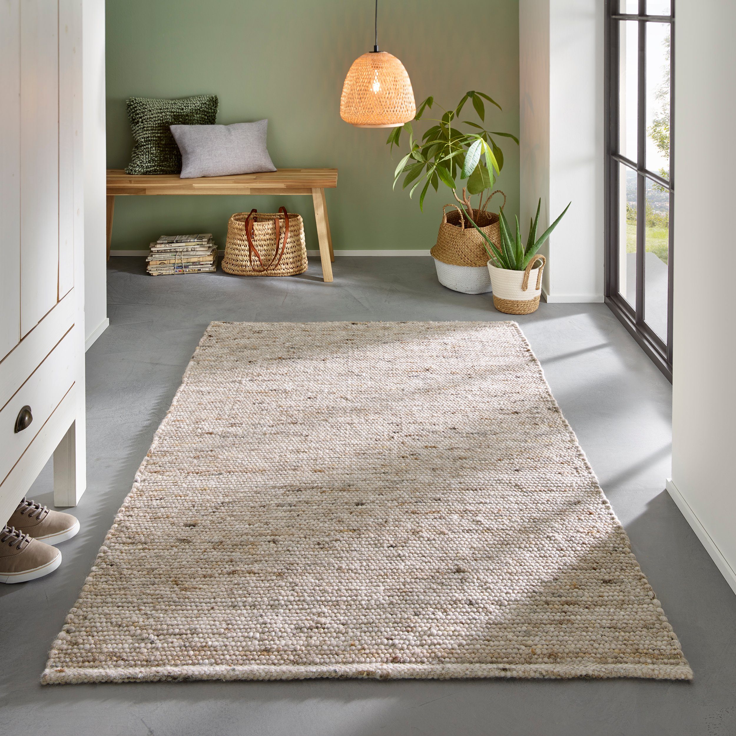 Wollteppich Hand-Webteppich, TaCa Home, rechteckig, Höhe: 10 mm, gewalkte Schurwolle Wohnzimmer Schlafzimmer Esszimmer 060x090cm