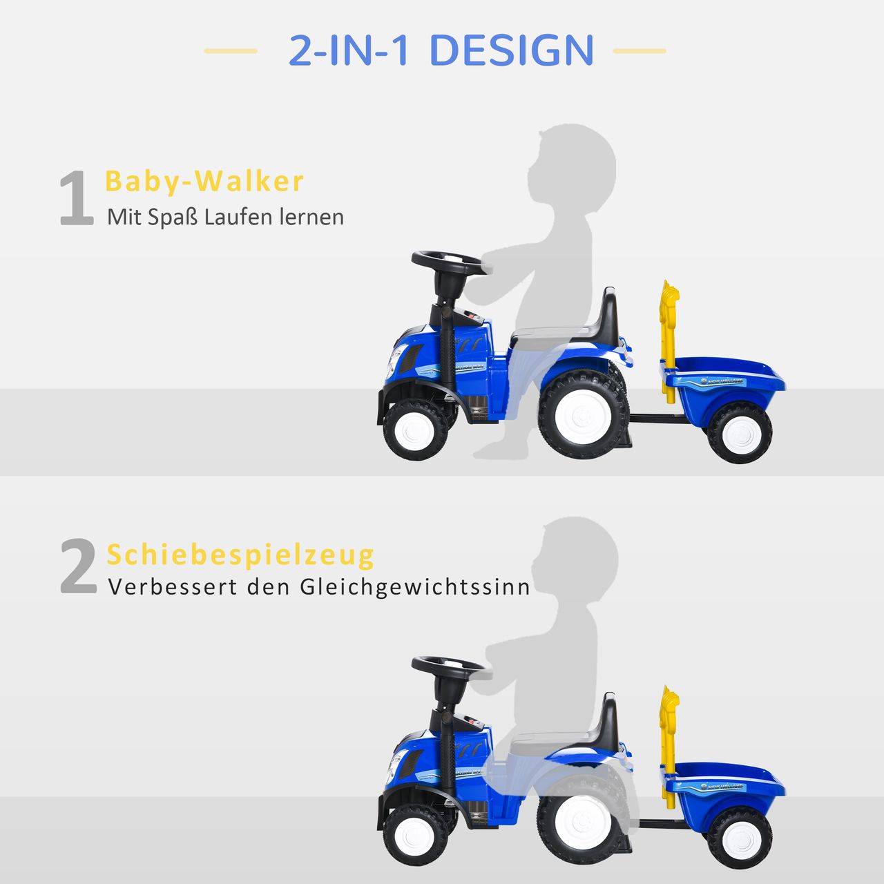 HOMCOM Rutschauto Kindertraktor Tretauto mit Anhänger Hupe Scheinwerfer Blau