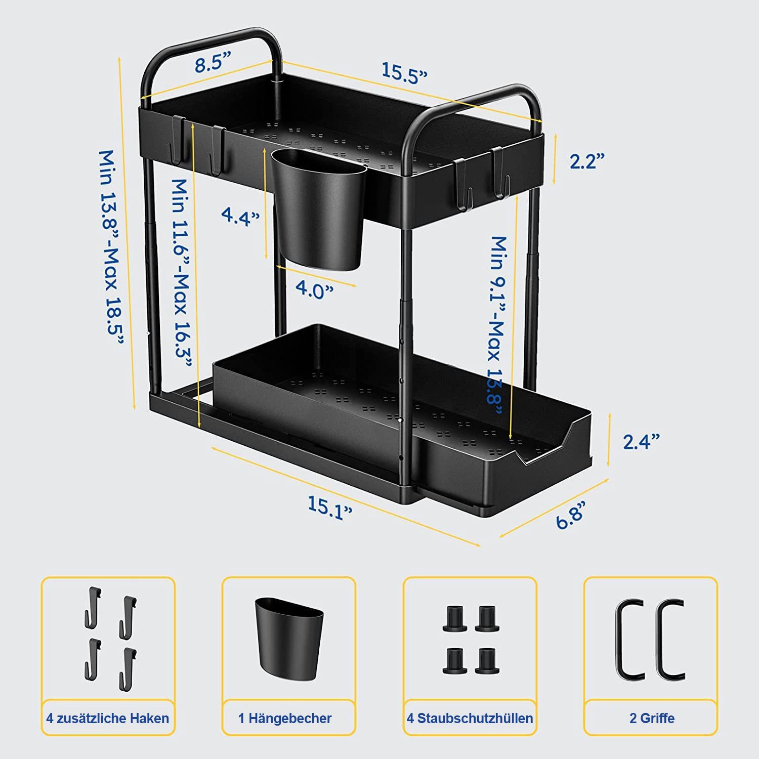 Kpaloft Ablageregal 2-stöckiger Organizer mit 4 Haken 2 Etagen & 1 Hängebeche, Spülschrankregal Waschbecken Regal, Unter der Spüle Schiebeschrank Regal Organizer für Badezimmer, Küchen