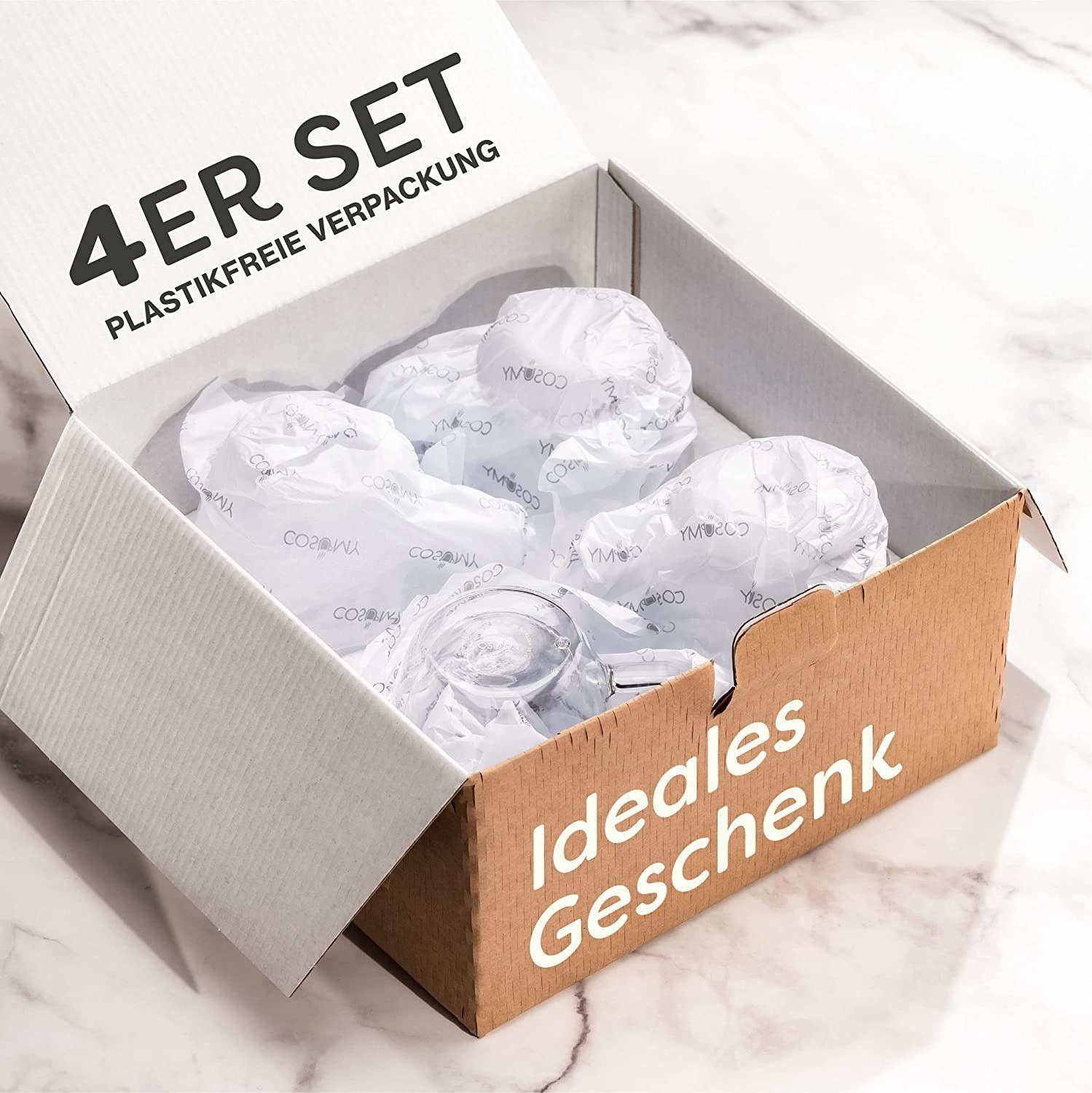 Cosumy Gläser-Set 4 Latte Macchiato Gläser doppelwandig mit Henkel 350ml, Glas, Für Latte Macchiato - Spülmaschinenfest - Hält lange warm