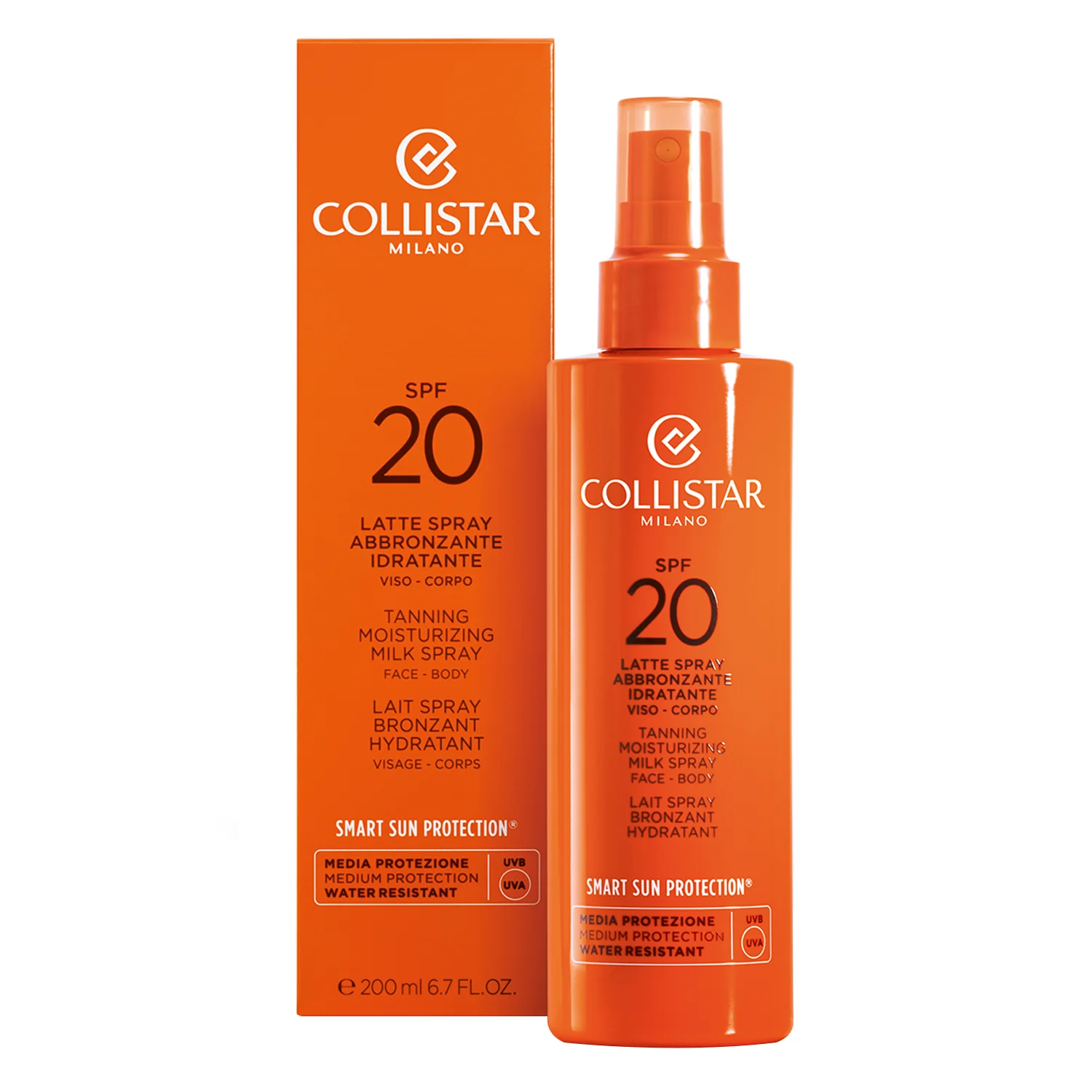 Lapte spray hidratant bronzant SPF20 - Lapte solar pentru corp cu protecție medie, Lapte solar pentru față cu protecție medie.