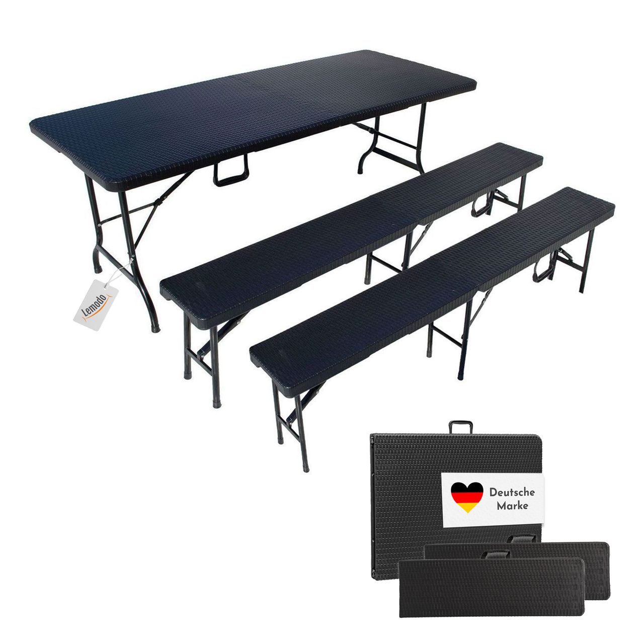 Lemodo Bierzeltgarnitur Set mit 2x Bierbank und 1x Buffettisch in Rattan Optik