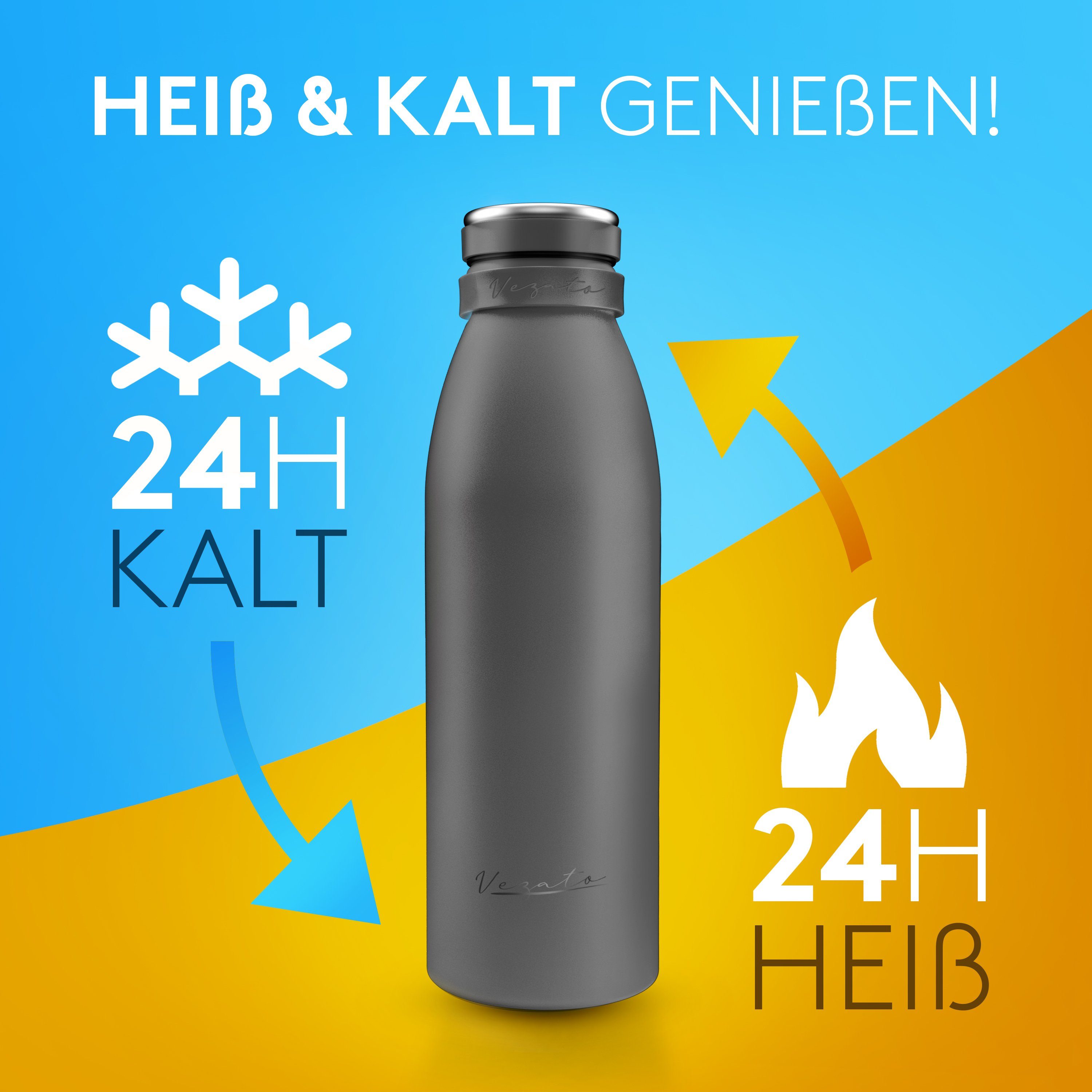 Vezato Trinkflasche Trinkflasche Edelstahl - BPA-freie Isolierflasche 500 ml, Edelstahl Tragegurt