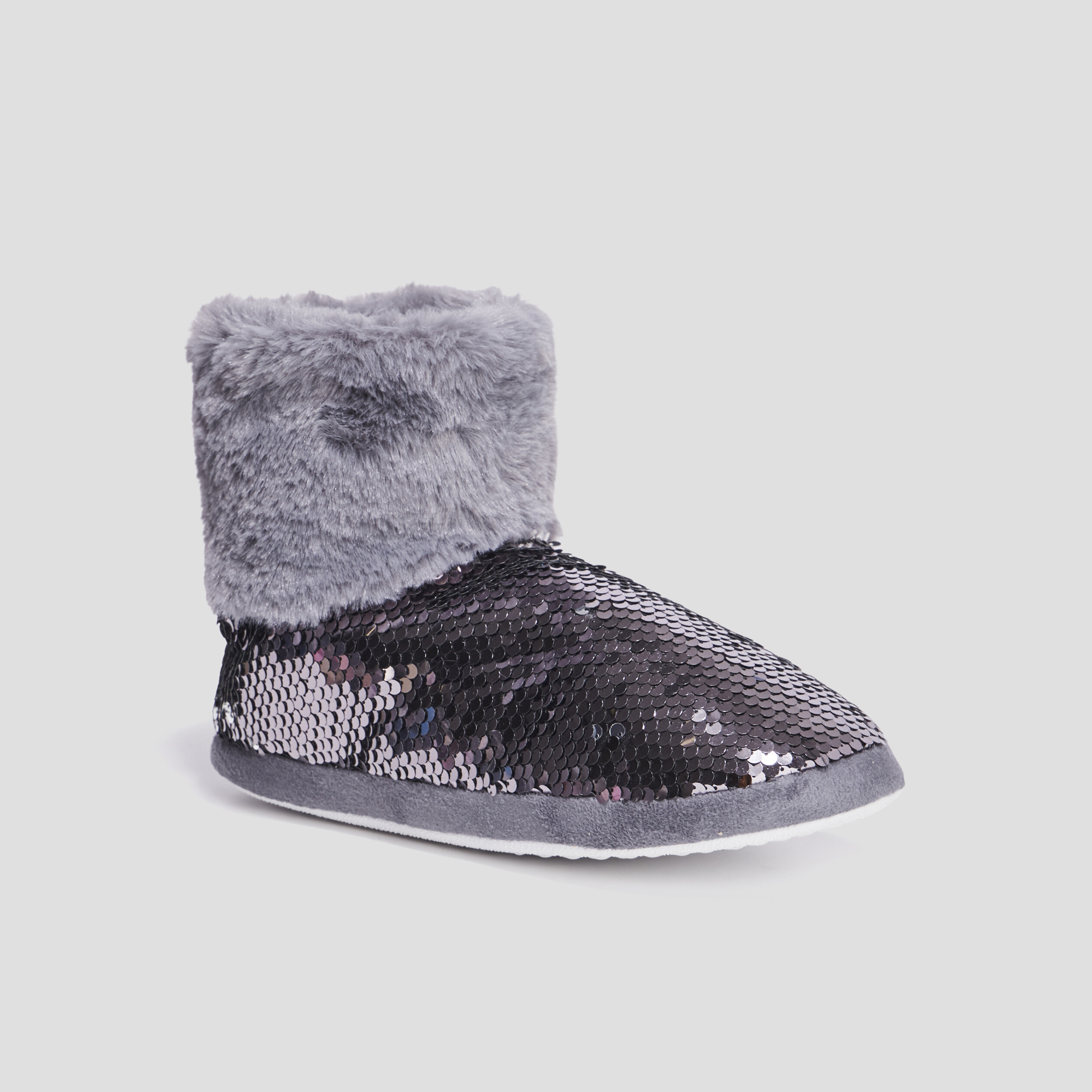 Chaussons bottines sequins et fourrure gris femme | La Halle