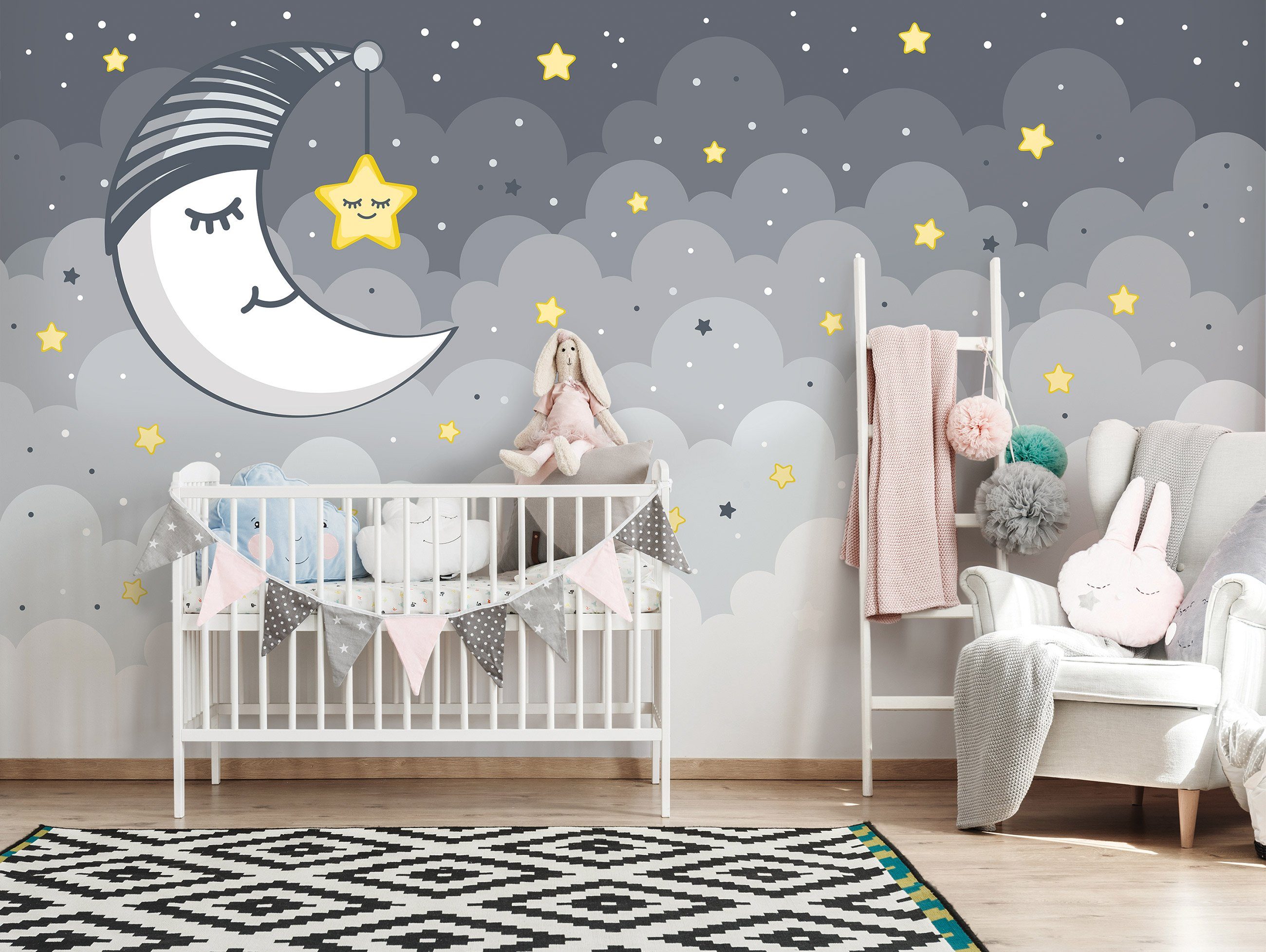 Wallarena Fototapete Kinderzimmer Mädchen Jungen Wolken Himmel Stern Mond Nacht Vlies Tapete für Mädchenzimmer oder Babyzimmer Vliestapete Wandtapete Motivtapete, Glatt, Nacht, Vliestapete inklusive Kleister