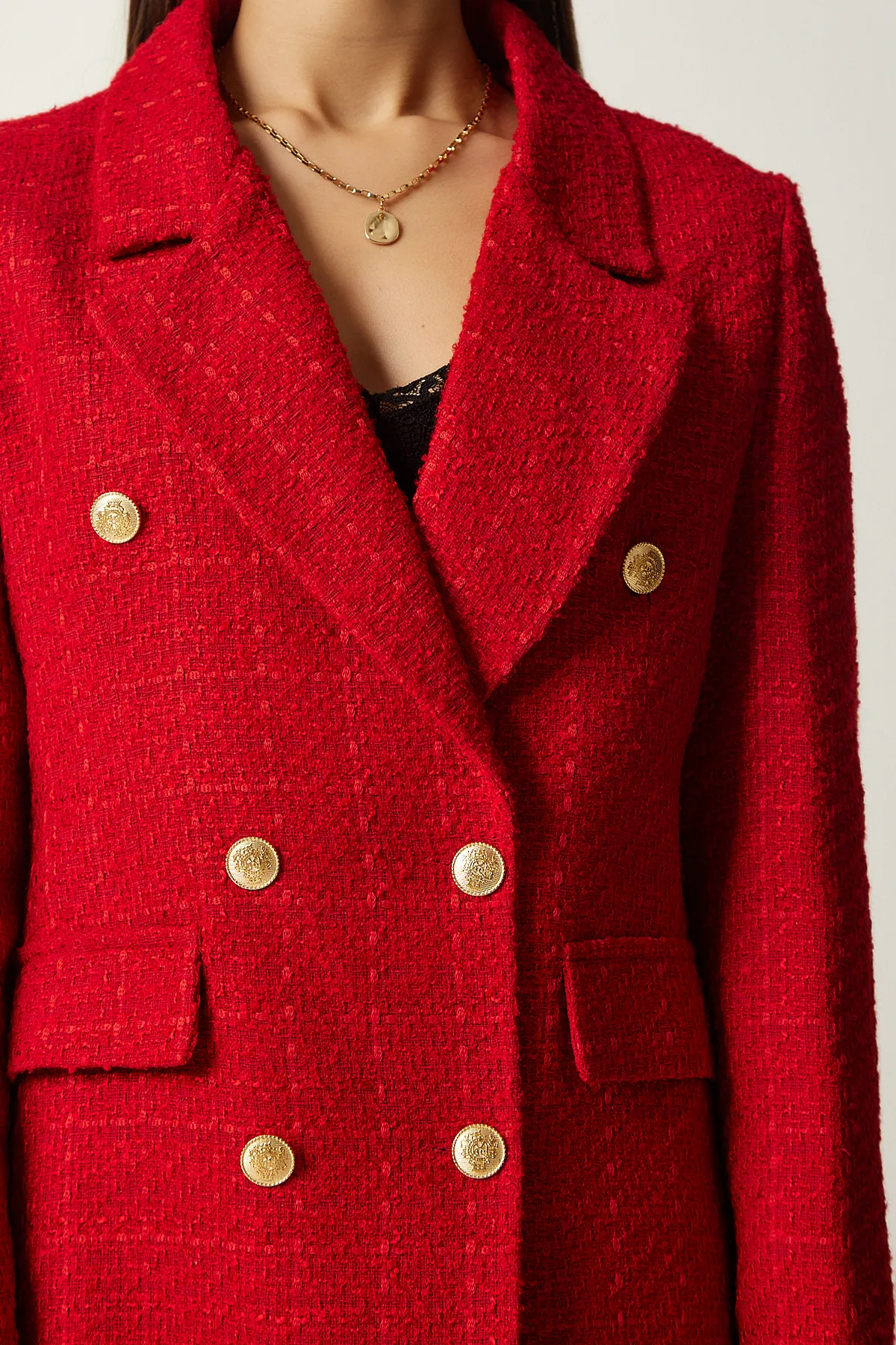 Happiness İstanbul  Damen-Blazer mit roten Knöpfen und Tweed-Jacke WF00004