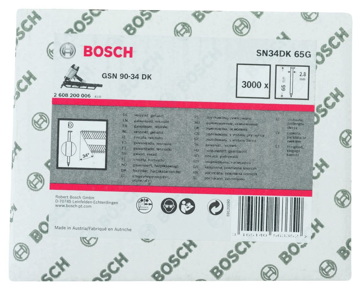 Accessoires Bosch Bleus 2608200006 SN34 DK 65G Clous à bande à tête en D 34° galvanisés lisses 65 mm 3000 pièces