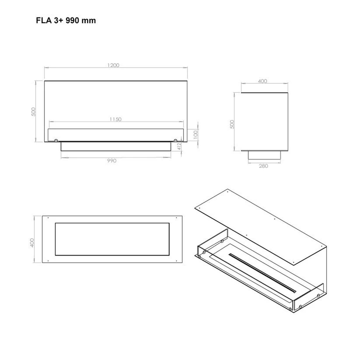 Foco Foco Three 1200, dreiseitiger Bioethanol-Kamin, wandmontierte Installation, manueller oder automatischer Brenner, 6,2 kW
