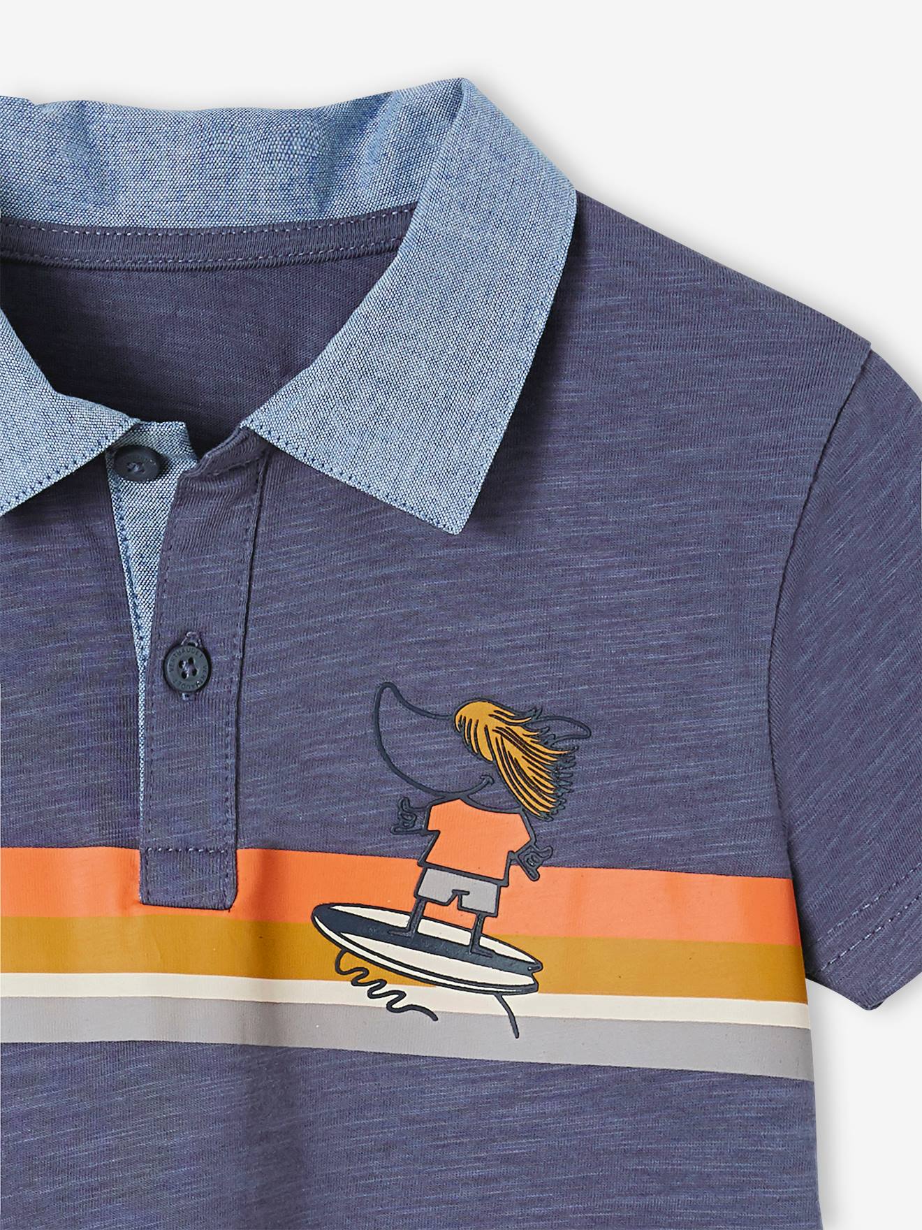 Polo à rayures placées garçon détails en chambray bleu ardoise