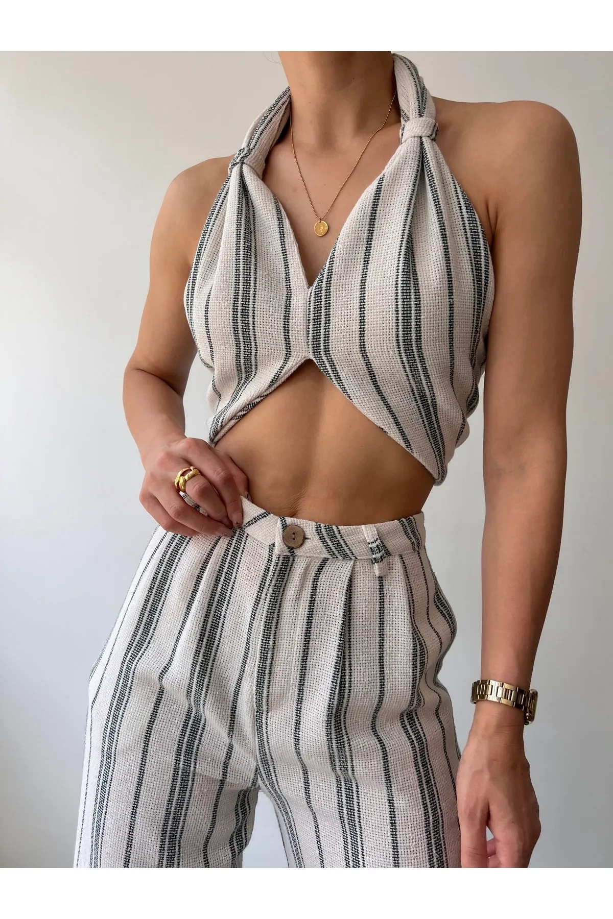 MAİ COLLECTİON  Ramona-Set aus gestricktem Leinen mit Gittermuster