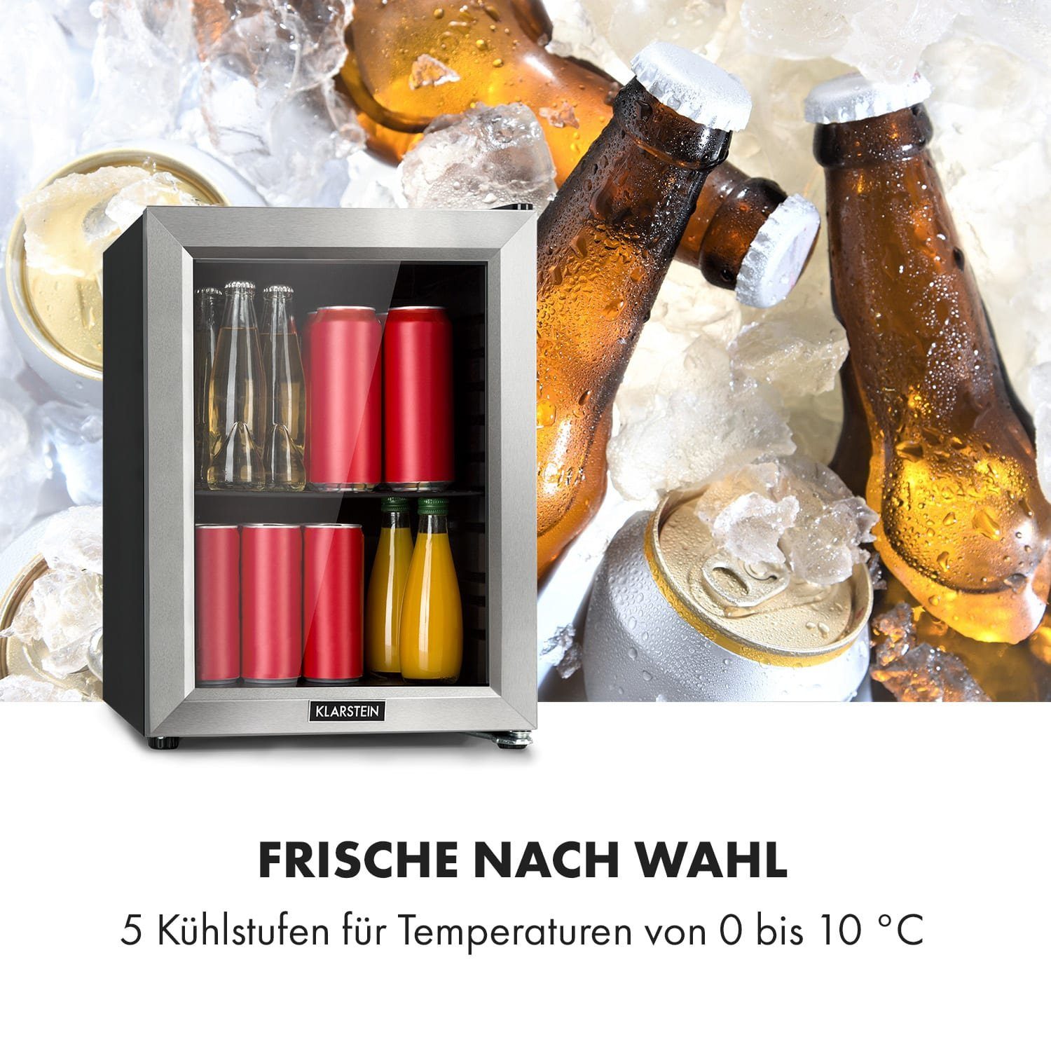 Klarstein Table Top Kühlschrank HEA13-Beersafe-XS 10034121, 48.5 cm hoch, 35 cm breit, Bierkühlschrank Getränkekühlschrank Flaschenkühlschrank mit Glastür
