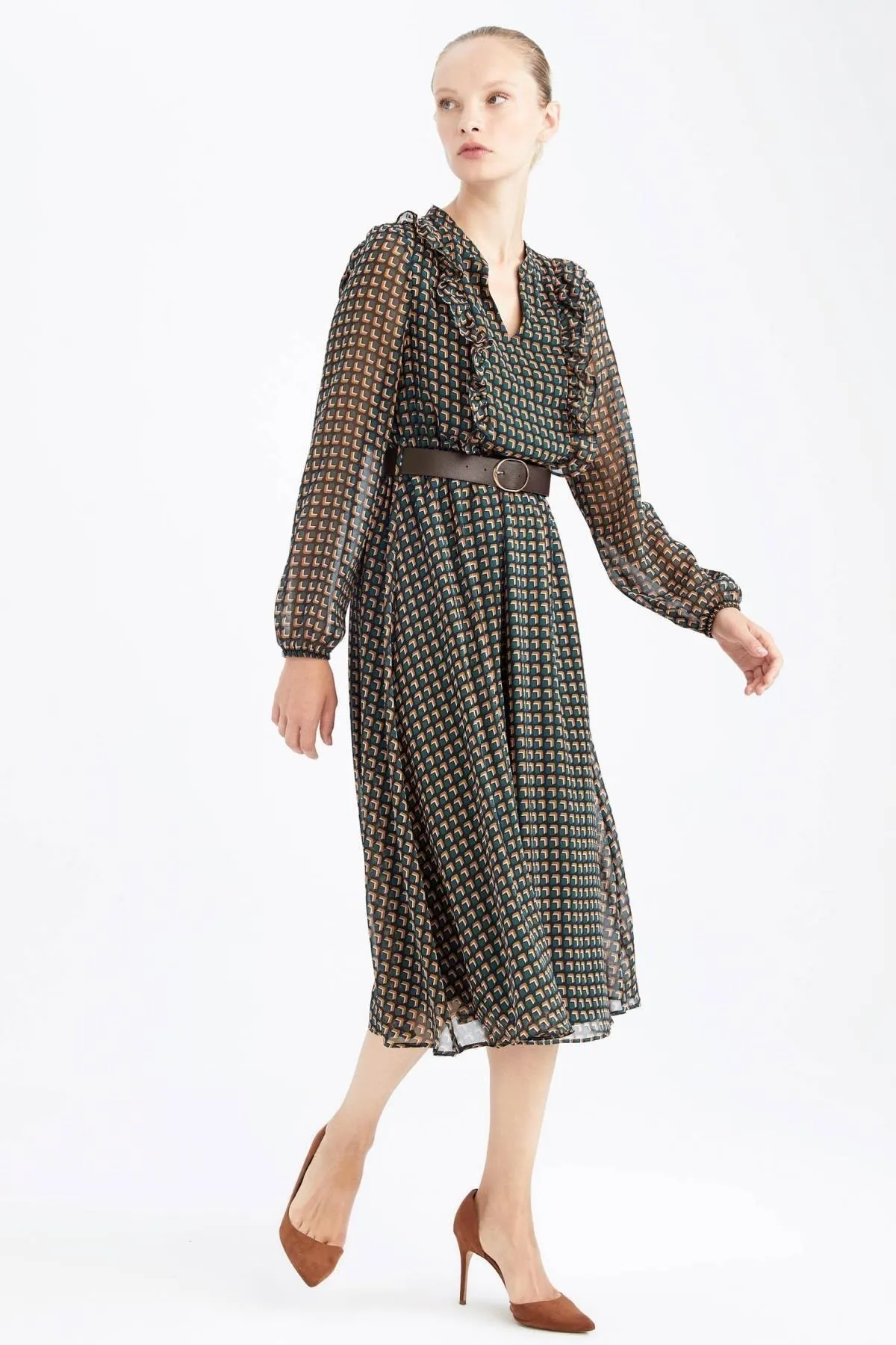 DeFacto  Bedrucktes Maxi-Langarmkleid aus Chiffon