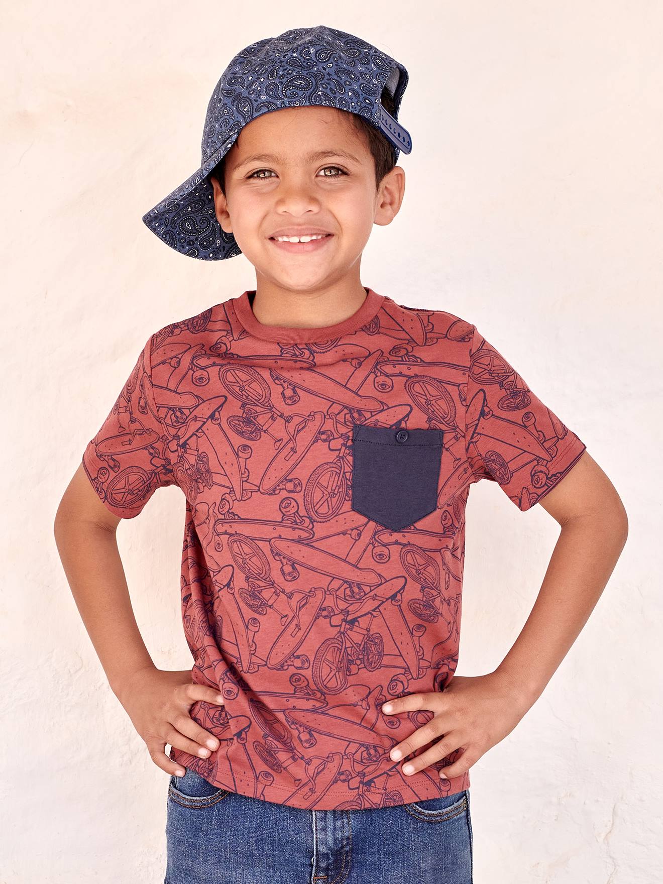 Vertbaudet Jungen T-Shirt, Print und Brusttasche Oeko-Tex - ziegel