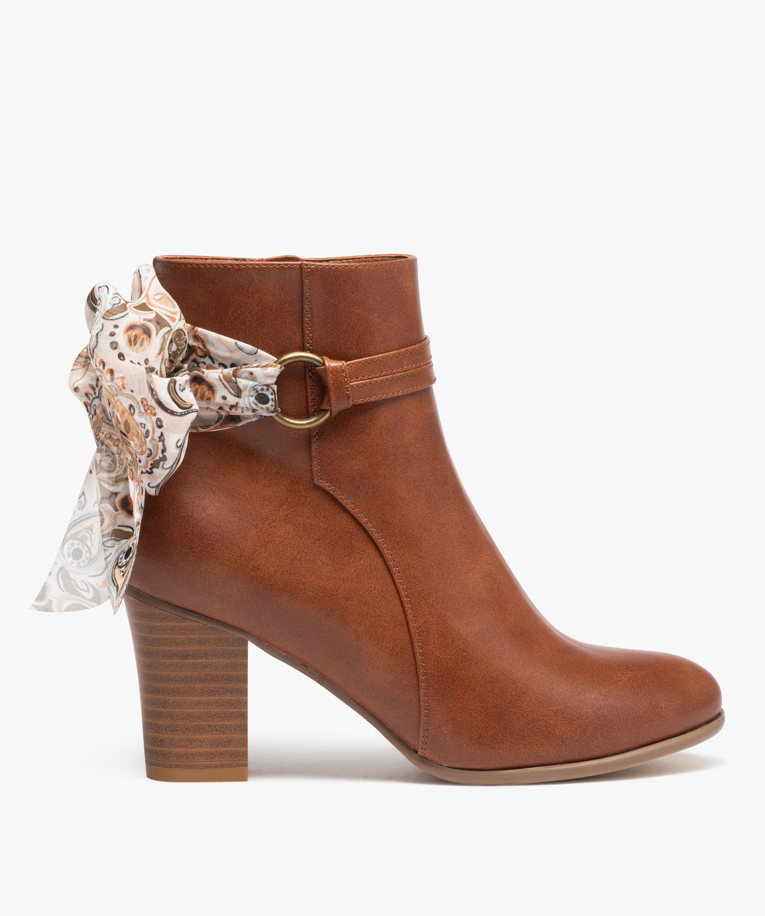Boots femme à talon avec dessus uni et bride foulard camel | GEMO
