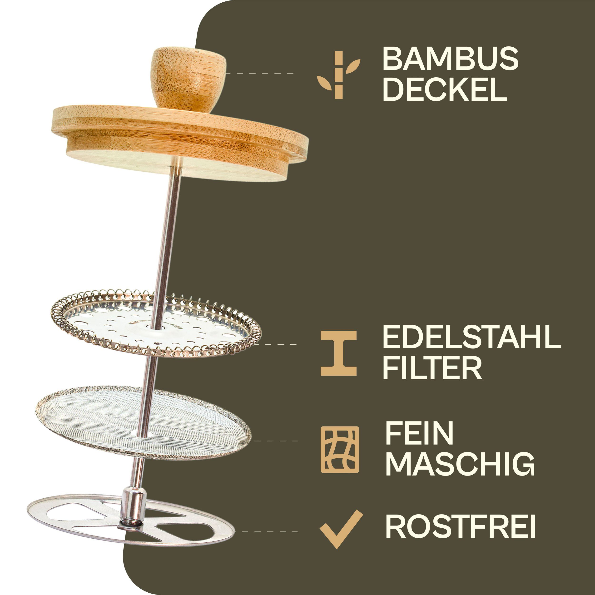Cosumy French Press Kanne French Press aus Glas 1L, 1l Kaffeekanne, Kaffeebereiter für 2 Tassen Kaffee - Mit Dosierlöffel und Reinigungspinsel