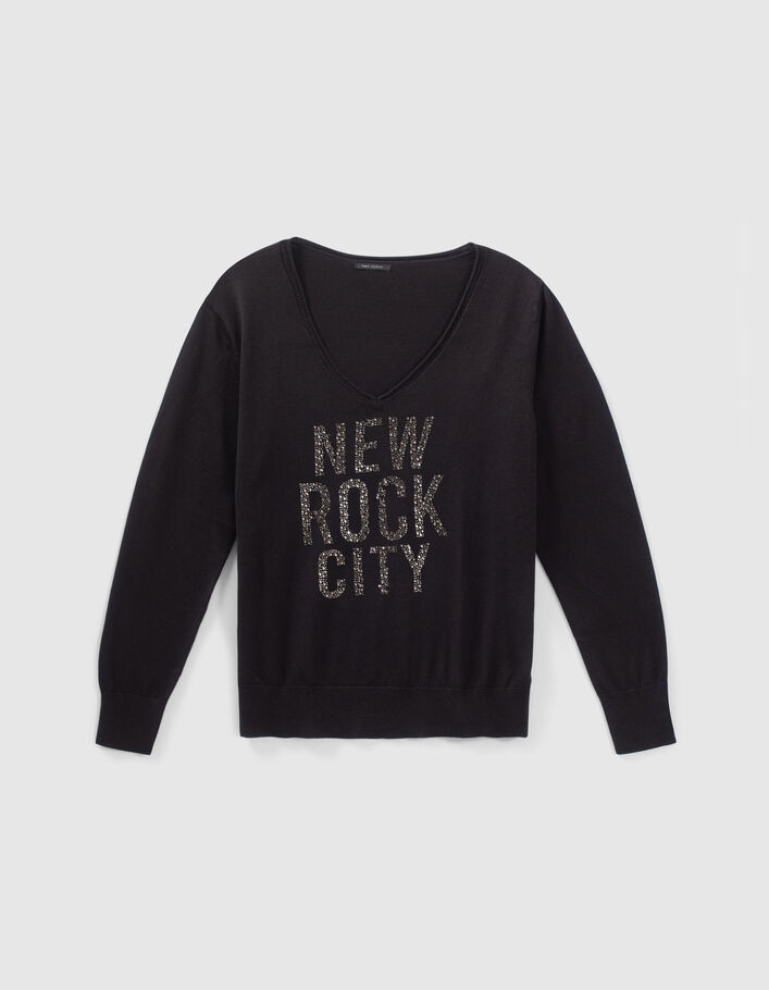 Pull noir tricot message strass Femme