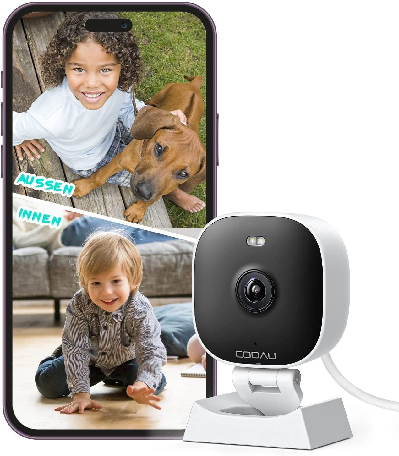 COOAU 2K Überwachungskamera Aussen WLAN,355°/90°Schwenkbar IP Kamera Outdoor Überwachungskamera (AuBenbereich, Innenbereich,Aussen,Drinnen, Wasserdicht Funktioniert,Kompatibel mit Alexa, mit Mensch Bewegungsmelder, Automatische Verfolgung,24/7 Aufnah