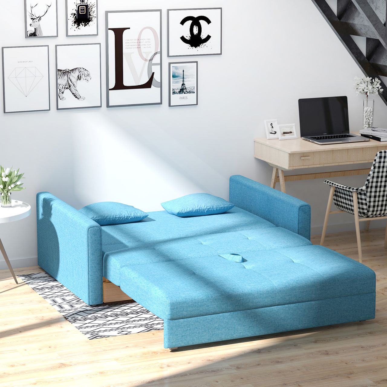 HOMCOM Schlafsofa 2-Sitzer Sofa Polstersofa mit Stauraum, Rückenkissen Hellblau