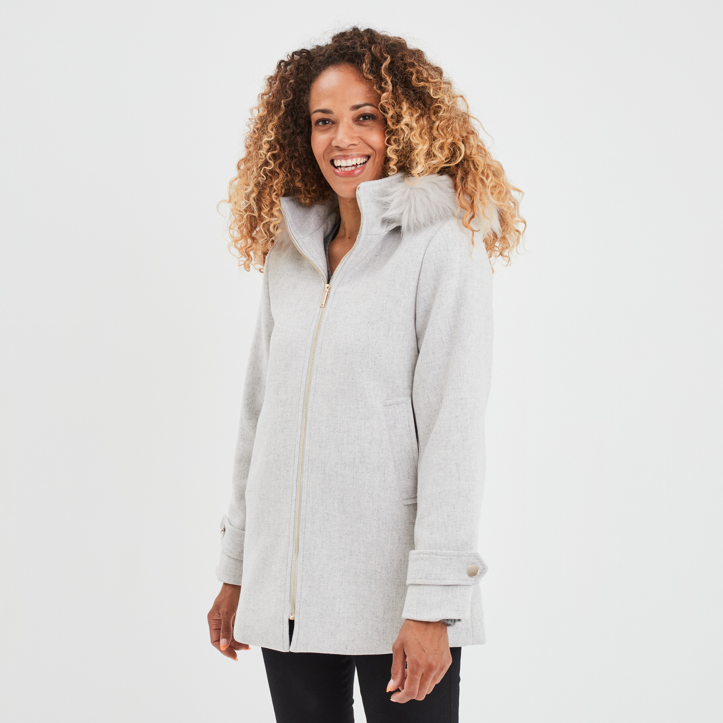 Manteau zippé à capuche fausse fourrure gris clair femme | La Halle