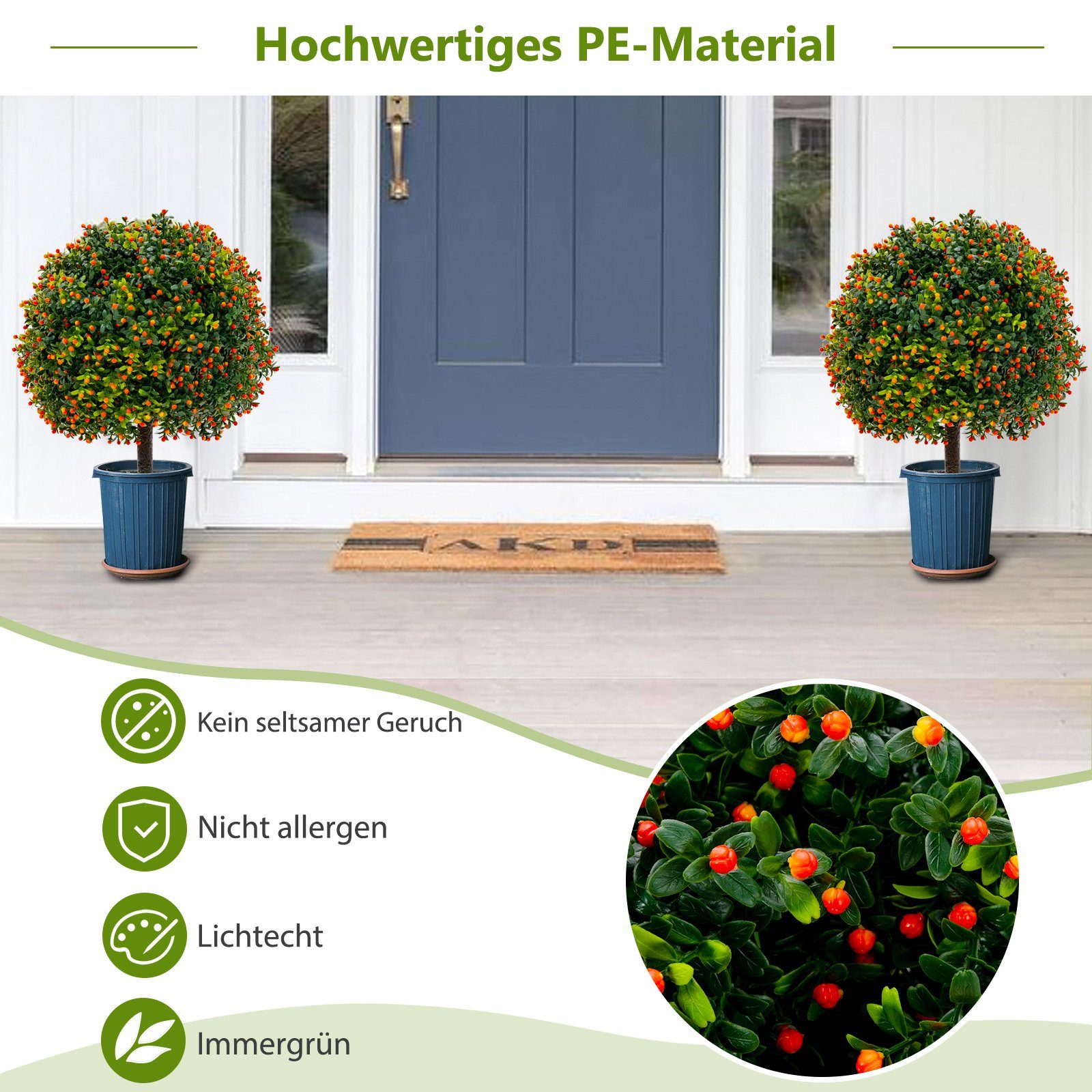 Kunstpflanze Buchsbaum, COSTWAY, Höhe 55 cm, 2er Set, mit Früchten & Topf