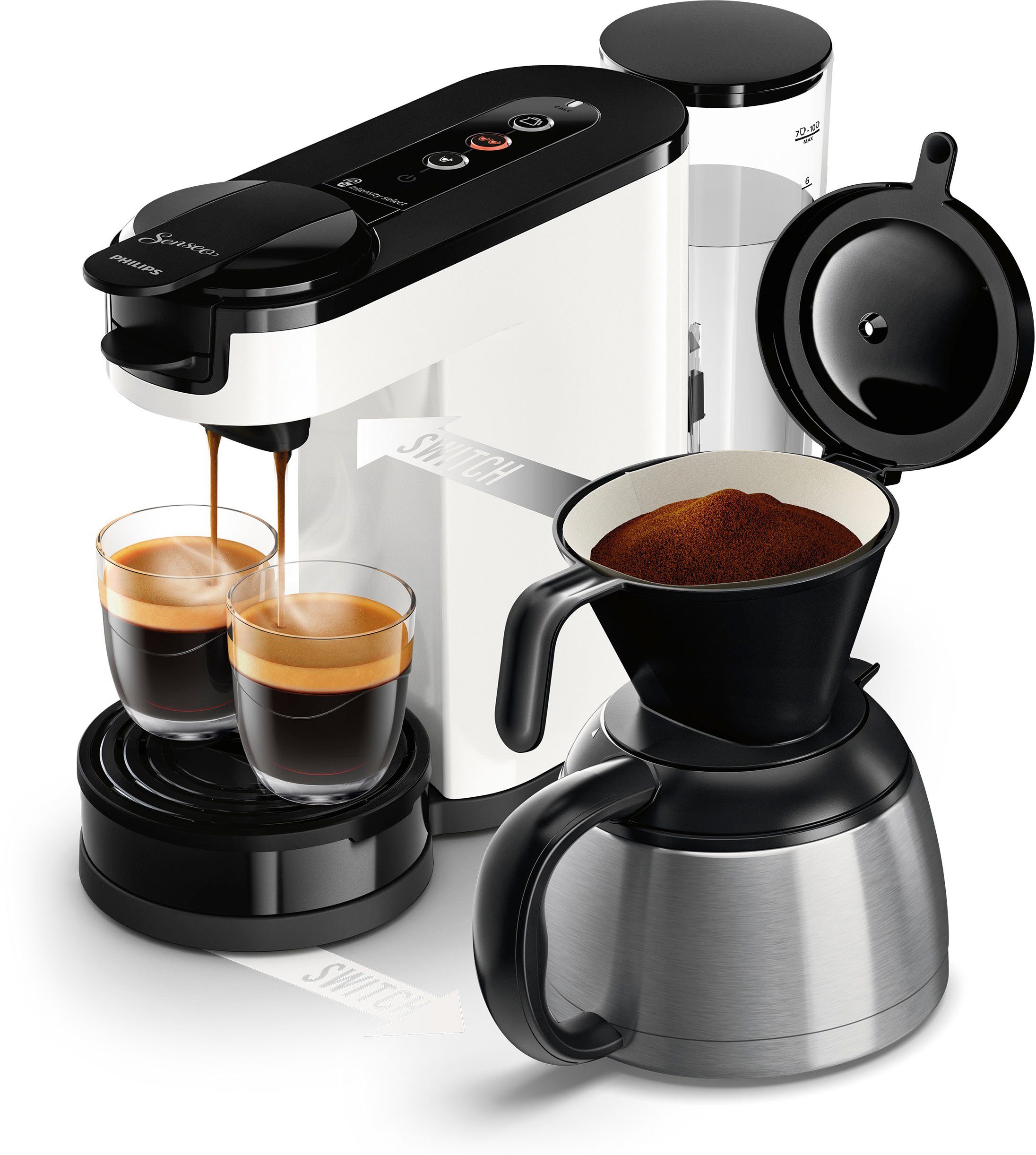 Philips Senseo Kaffeepadmaschine Switch HD6592/04, 1l Kaffeekanne, inkl. Kaffeepaddose im Wert von 9,90 € UVP