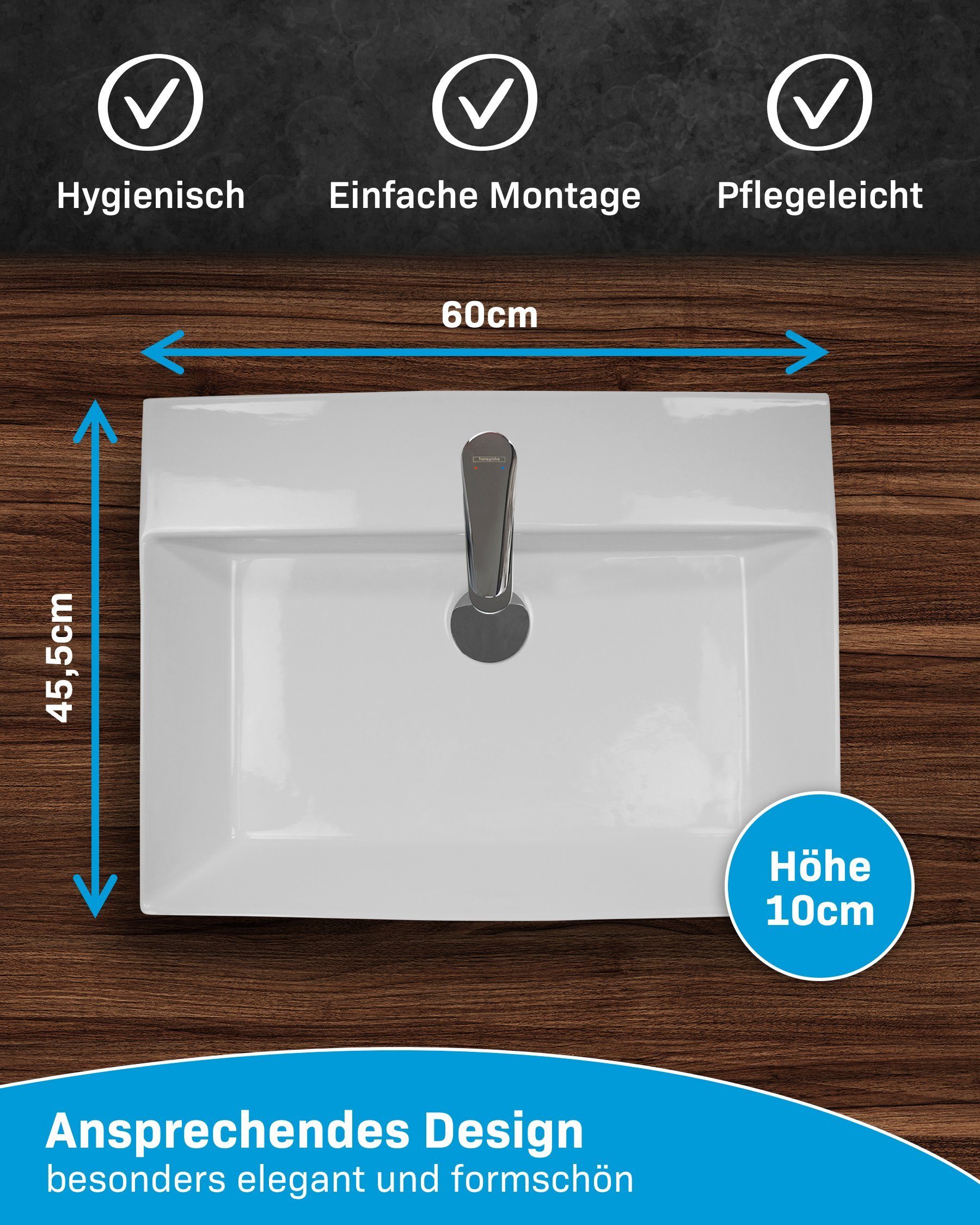 Alpenberger Aufsatzwaschbecken Keramik Handwaschbecken - Waschbecken Eckig 60 cm (1-tlg., 1-St., Badwaschbecken), Waschtisch als Hängewaschbecken geeignet, mit Überlaufschutz
