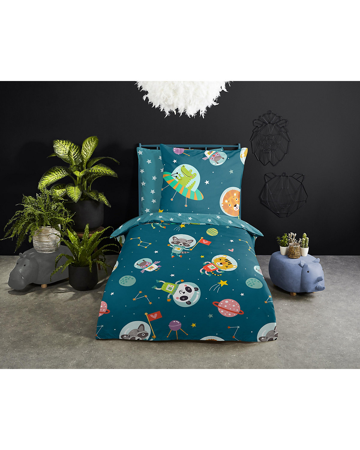 Kinder-Wendebettwäsche Spacy, Renforce, 135 x 200 + 80 x 80 cm mit Reißverschluss