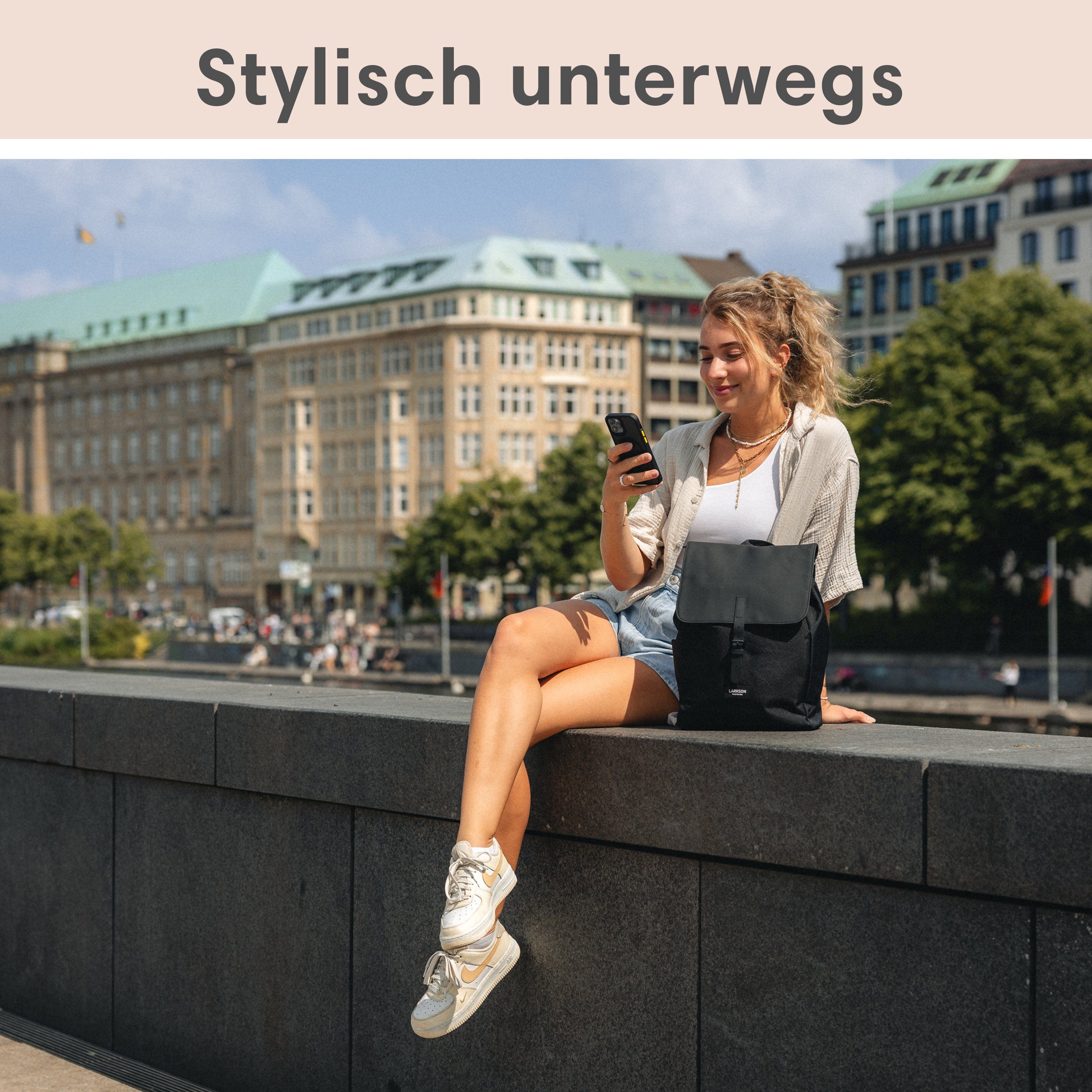 LARKSON Cityrucksack Ida Laptop Rucksack Damen Herren Klein Elegant, Anti Diebstahl Seitentasche, Laptopfach, Wasserabweisend