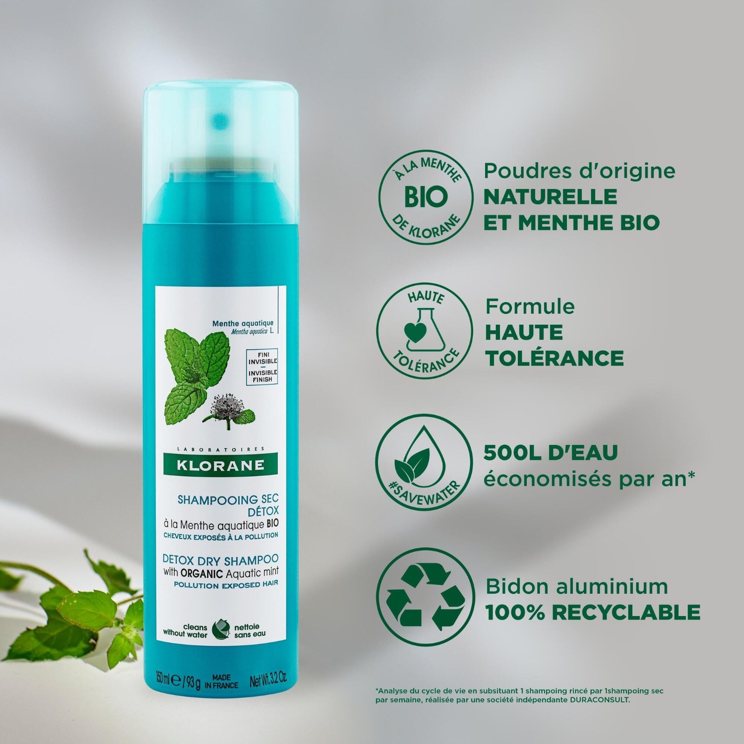 Șampon uscat detoxifiant organic Klorane cu mentă acvatică