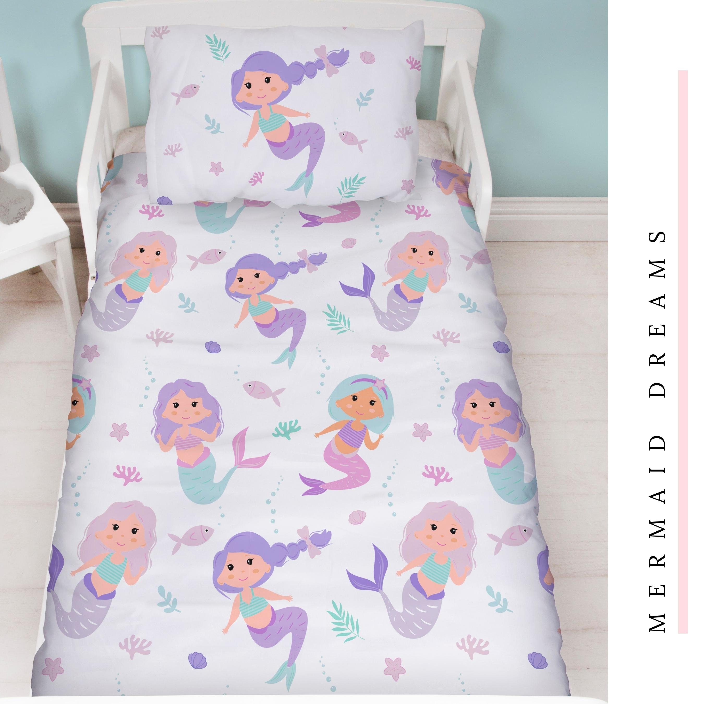 Kinderbettwäsche Meerjungfrau 100x135 + 40x60 cm, 100 % Baumwolle, MTOnlinehandel, Biber, 2 teilig, Mermaid Dreams Babybettwäsche