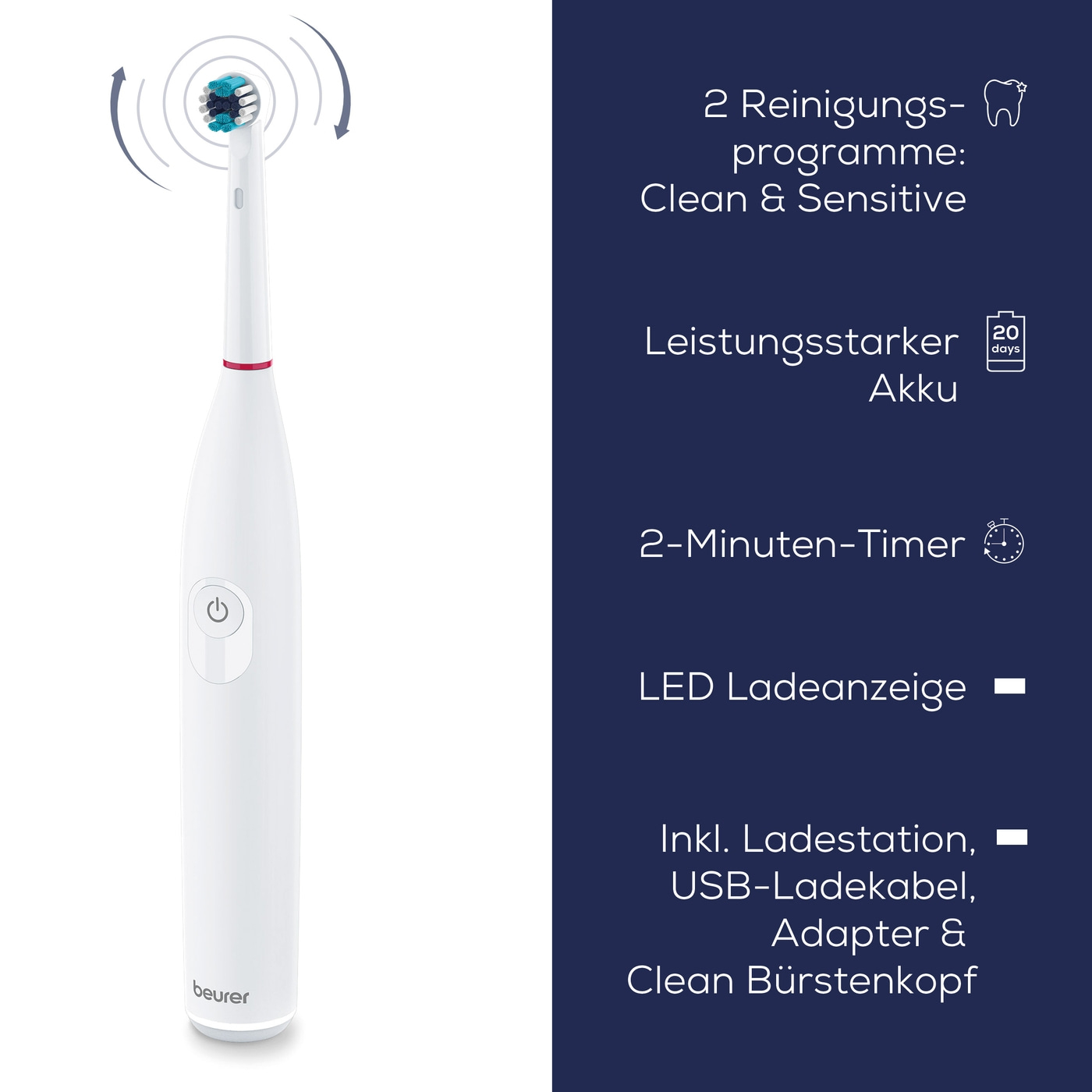 Beurer Elektrische Zahnbürste TB 30-2 individuelle Reinigungsprogramme und integrierter 2-Minuten-Timer für perfekte Reinigung