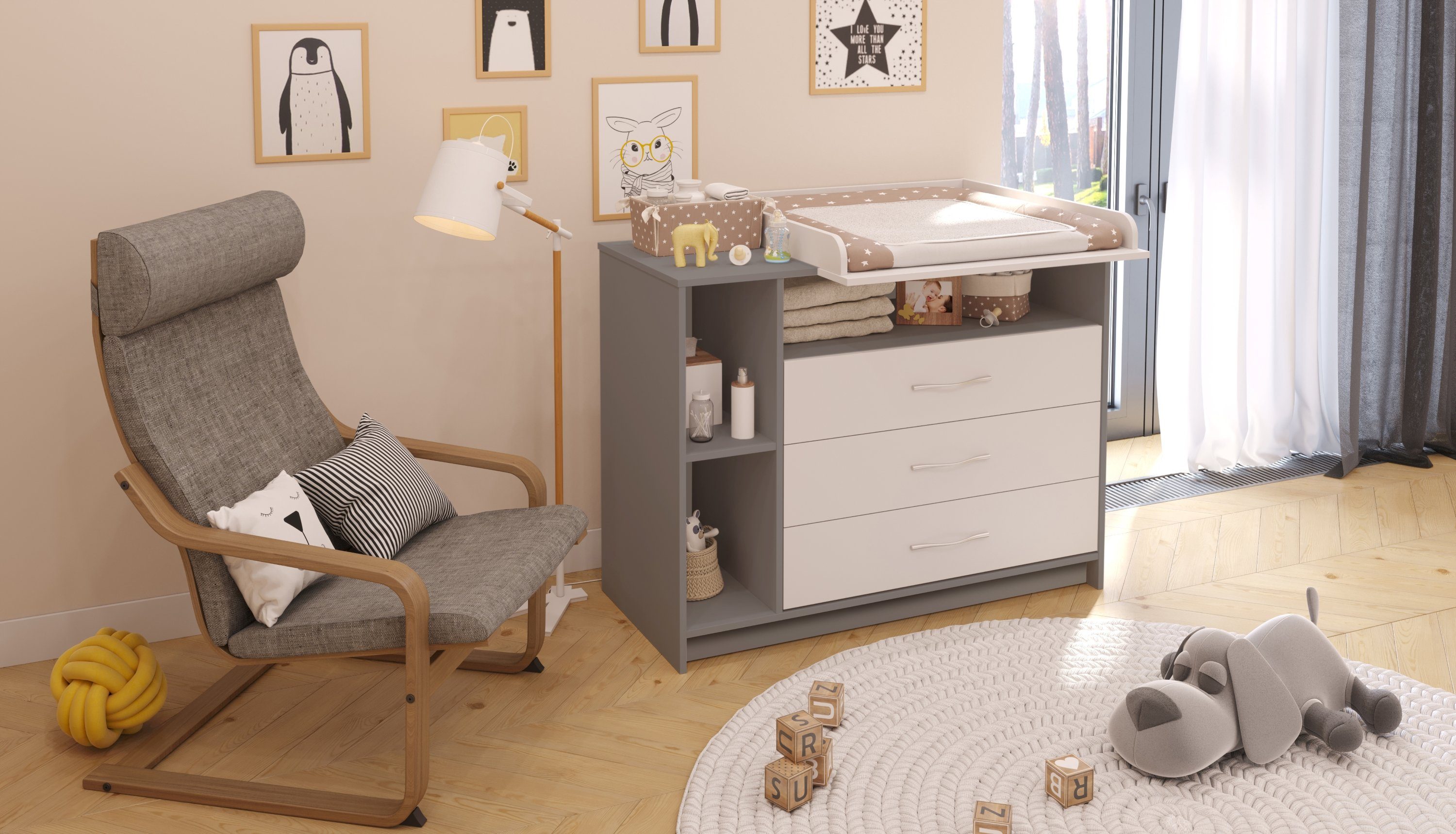 Polini Home Wickelkommode Wickeltisch mit 3 Schubladen und 3 offenen Fächern, mit abnehmbarem Wickelaufsatz