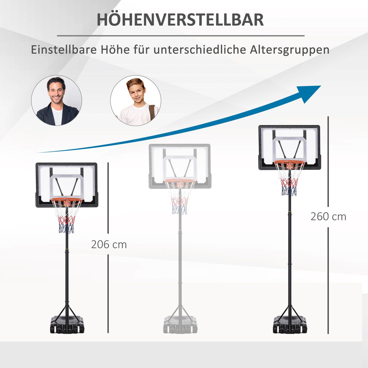 HOMCOM Basketballständer höhenverstellbar Basketballanlage mit Räder draußen Stahl PVC HDPE Schwarz 83 x 75 x 206-260 cm
