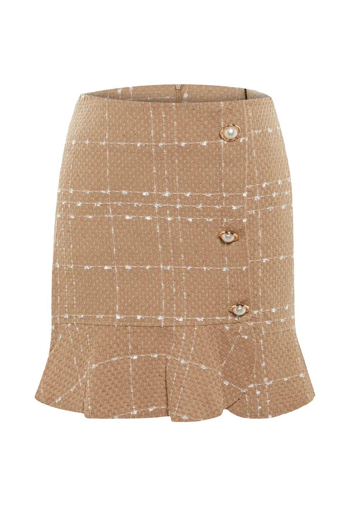 Trendyol Collection  Brauner geknöpfter Tweed-Stoffrock mit Volantspitze und Mini-Webrock TWOAW22ET0155