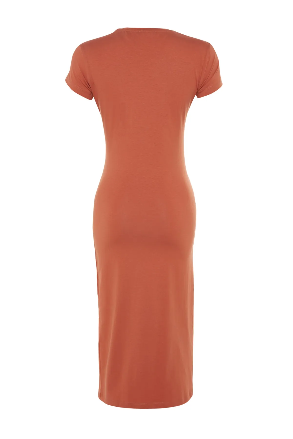 Trendyol Collection  Zimtfarbenes, tailliertes Midi-Stretch-Strickkleid aus Baumwolle mit Rüschen und Schlitzdetail TWOSS23EL00777