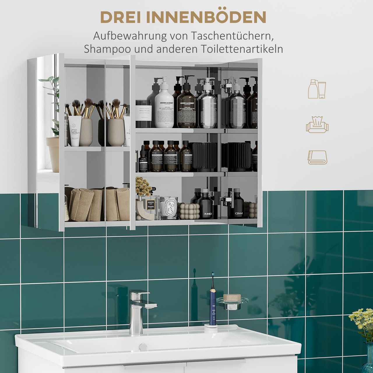 kleankin Spiegelschrank, Hängeschrank, Badezimmerschrank mit 3 Türen, Edelstahl