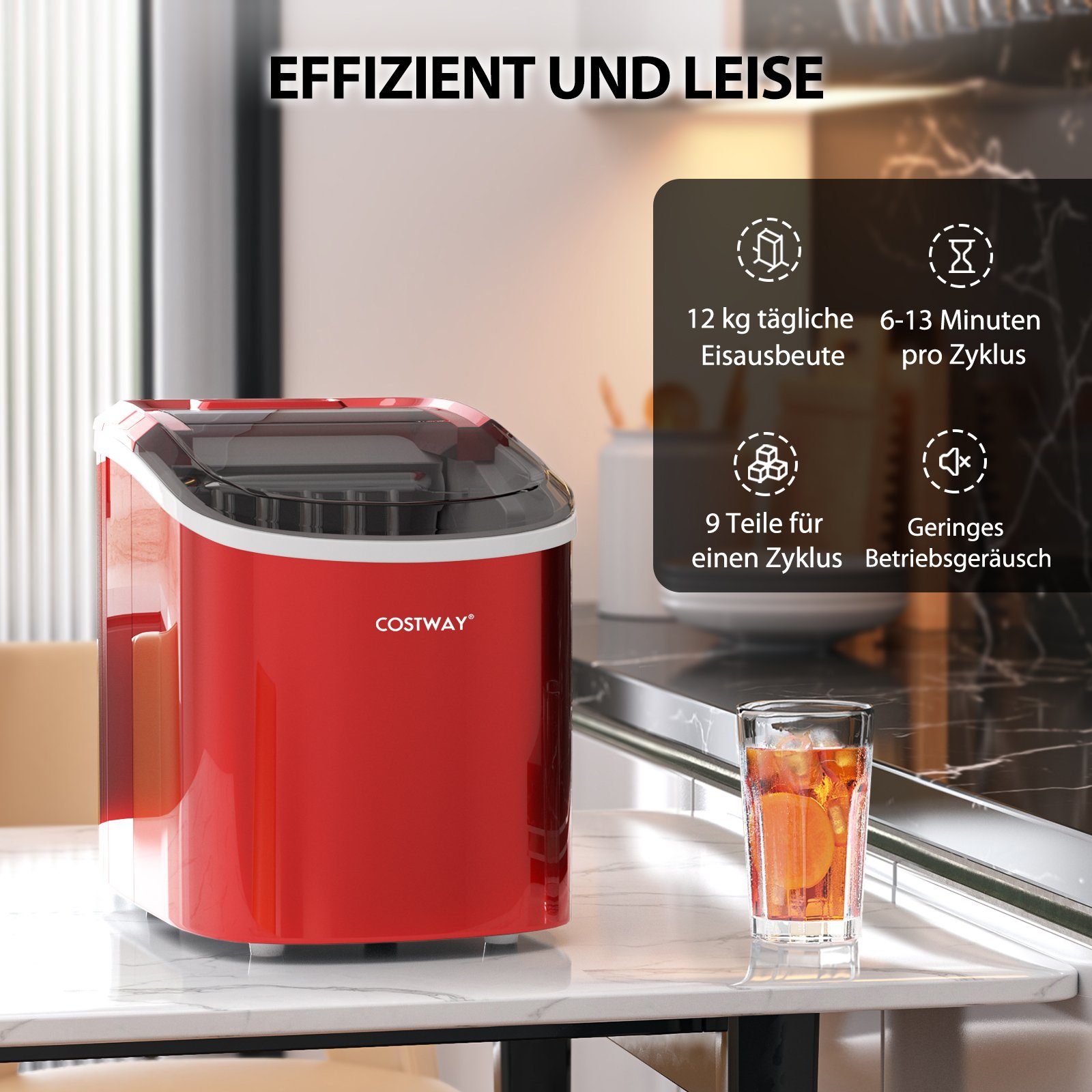 COSTWAY Eiswürfelmaschine, kugelförmige Eiswürfel, 2 Eisgrößen, 12 kg/24 H