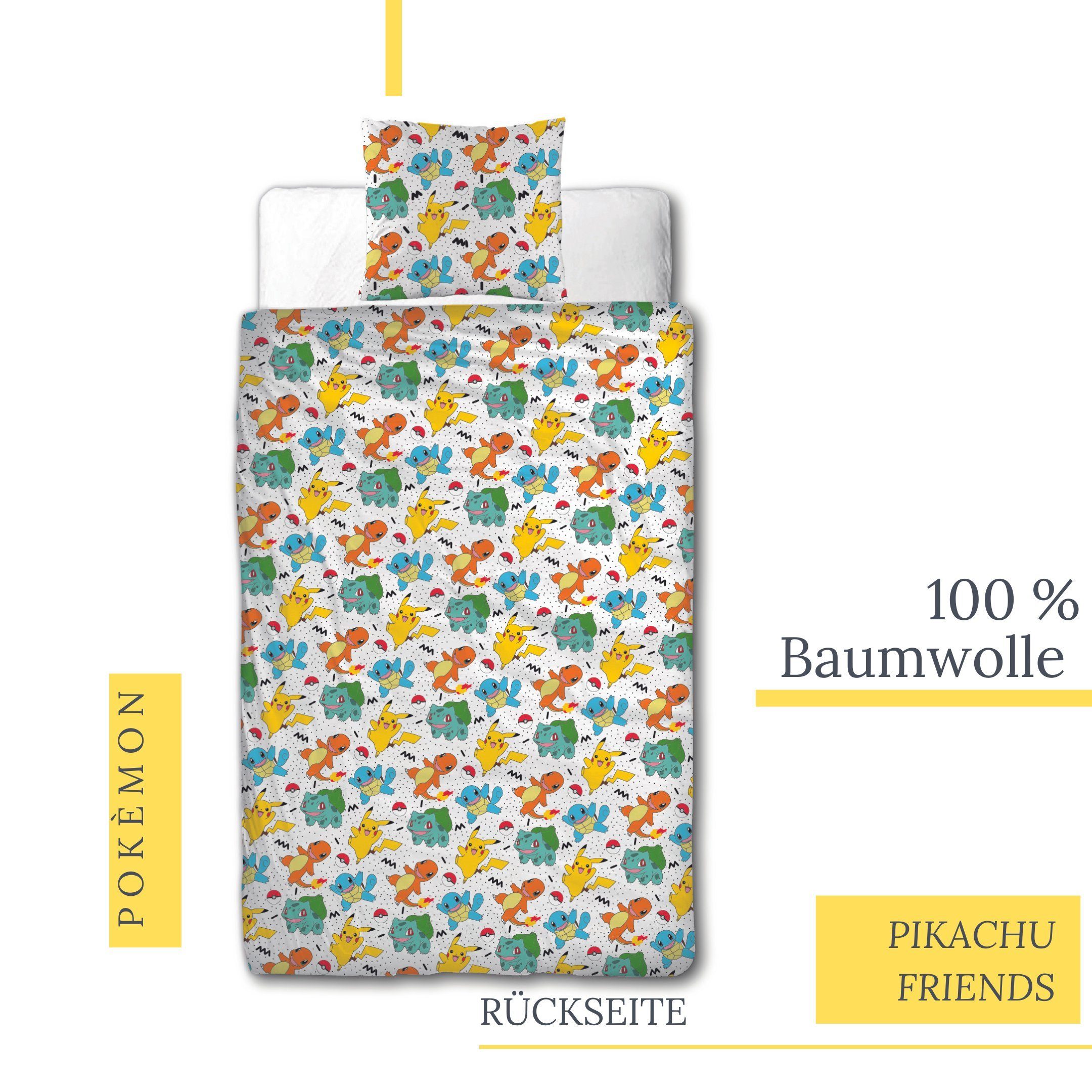 Bettwäsche Pokémon 135x200 + 80x80 cm, 100 % Baumwolle Biber oder Renforcé, MTOnlinehandel, Renforcé, 2 teilig, Pikachu & Friends Game für Kinder, Teenager, Jugend