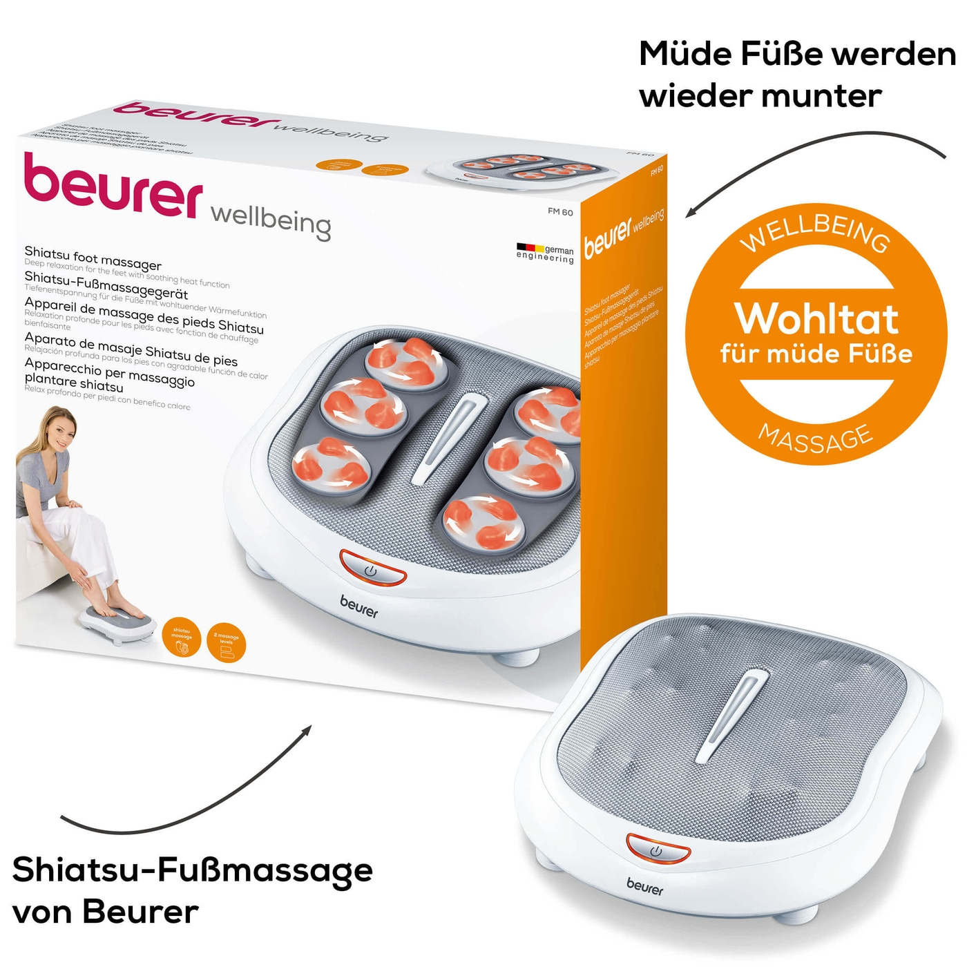 Beurer Shiatsu-Fußmassagegerät FM 60-Durchblutungsförderndes Fußmassagegerät mit 2 Geschwindigkeitsstufen