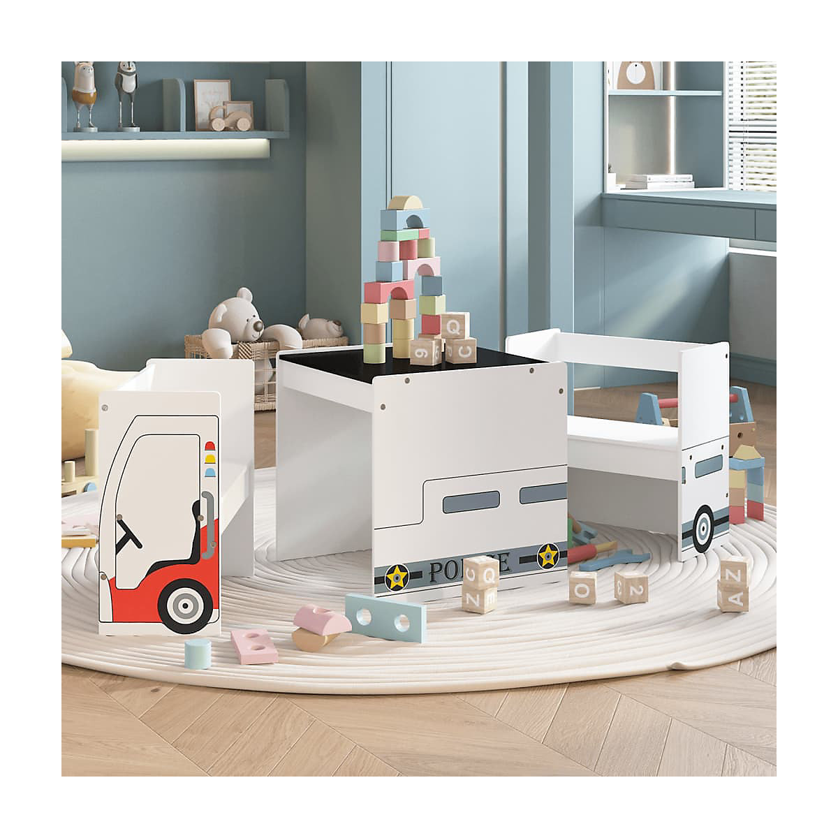 3-tlg. Kindertisch und Stuhl Set Polizeiauto-Design MDF Kindermöbel-Set